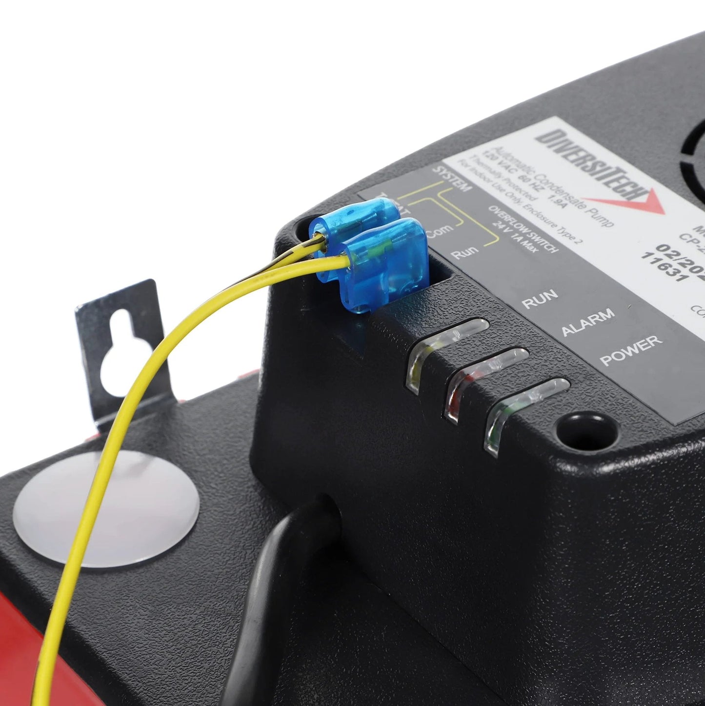 Close-up of Ultra Series Automatic Condensate Pump control panel, showing wires and control labels for HVAC and refrigeration equipment.