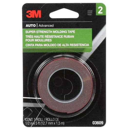 Packaging of Super Strength Automotive Tape 03609 - 1/2 in x 5 ft single roll, high-strength VHB-grade adhesive for automotive use