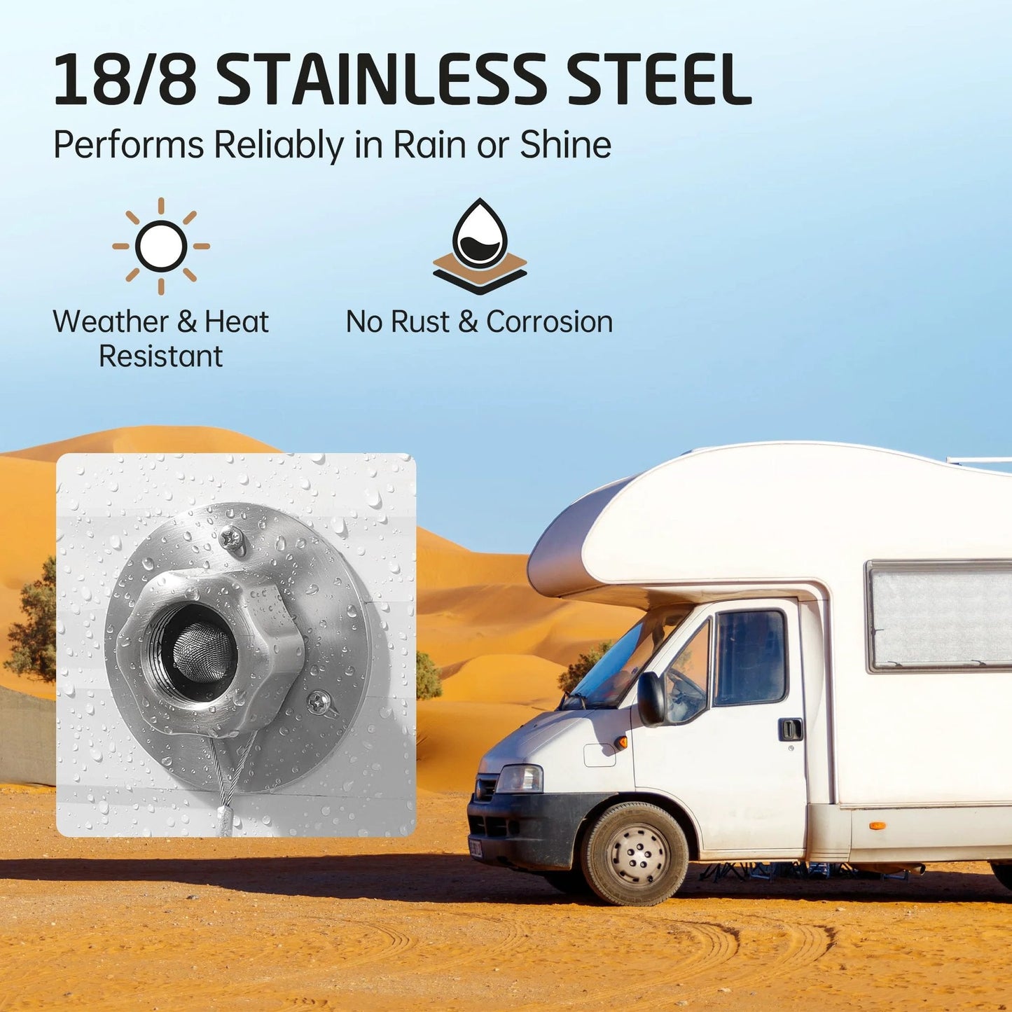All Metal RV Water Inlet Connection With Check Valve For Camper Trailer Marine And Boat Built Tough In 18 8 Stainless Steel City Water Inlet Replacement With Leak Proof Brushed Finish By KES, RV in desert background