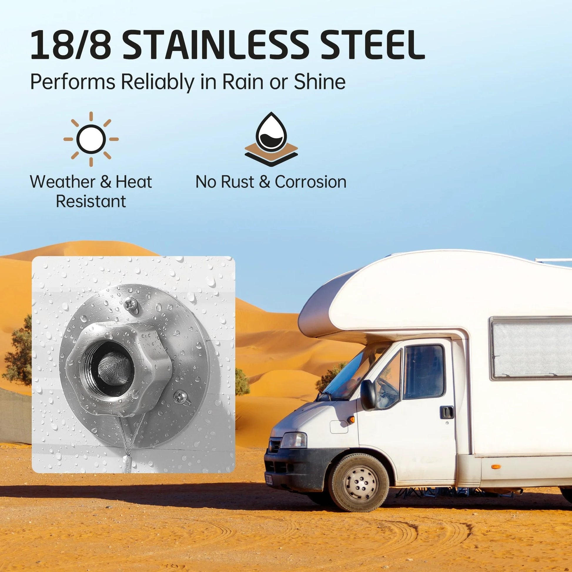 All Metal RV Water Inlet Connection With Check Valve For Camper Trailer Marine And Boat Built Tough In 18 8 Stainless Steel City Water Inlet Replacement With Leak Proof Brushed Finish By KES, RV in desert background