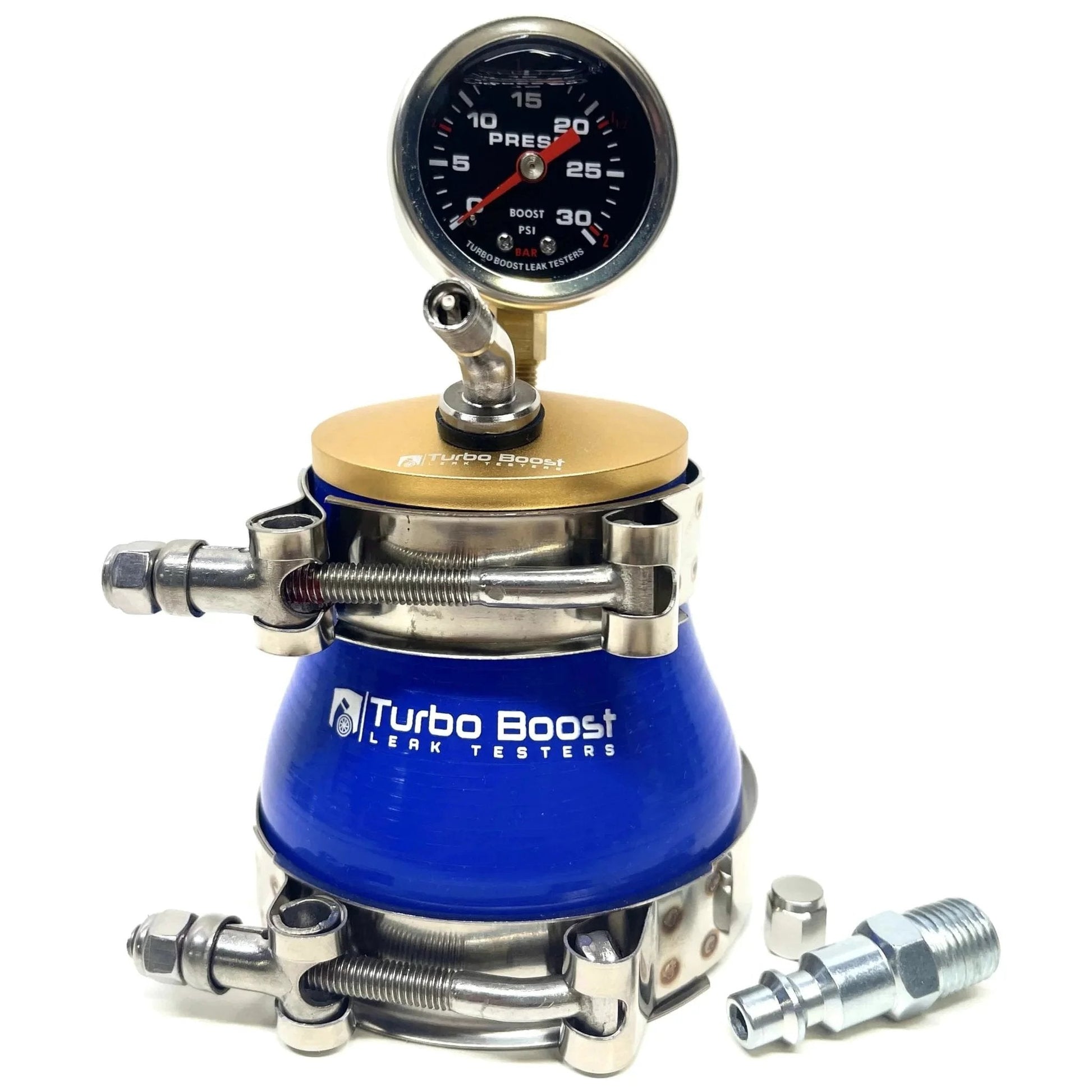 Universal 3 Inch Turbo Boost Leak Tester Kit with 30 PSI gauge, blue silicone coupler, and aluminum cap for intake pipe
