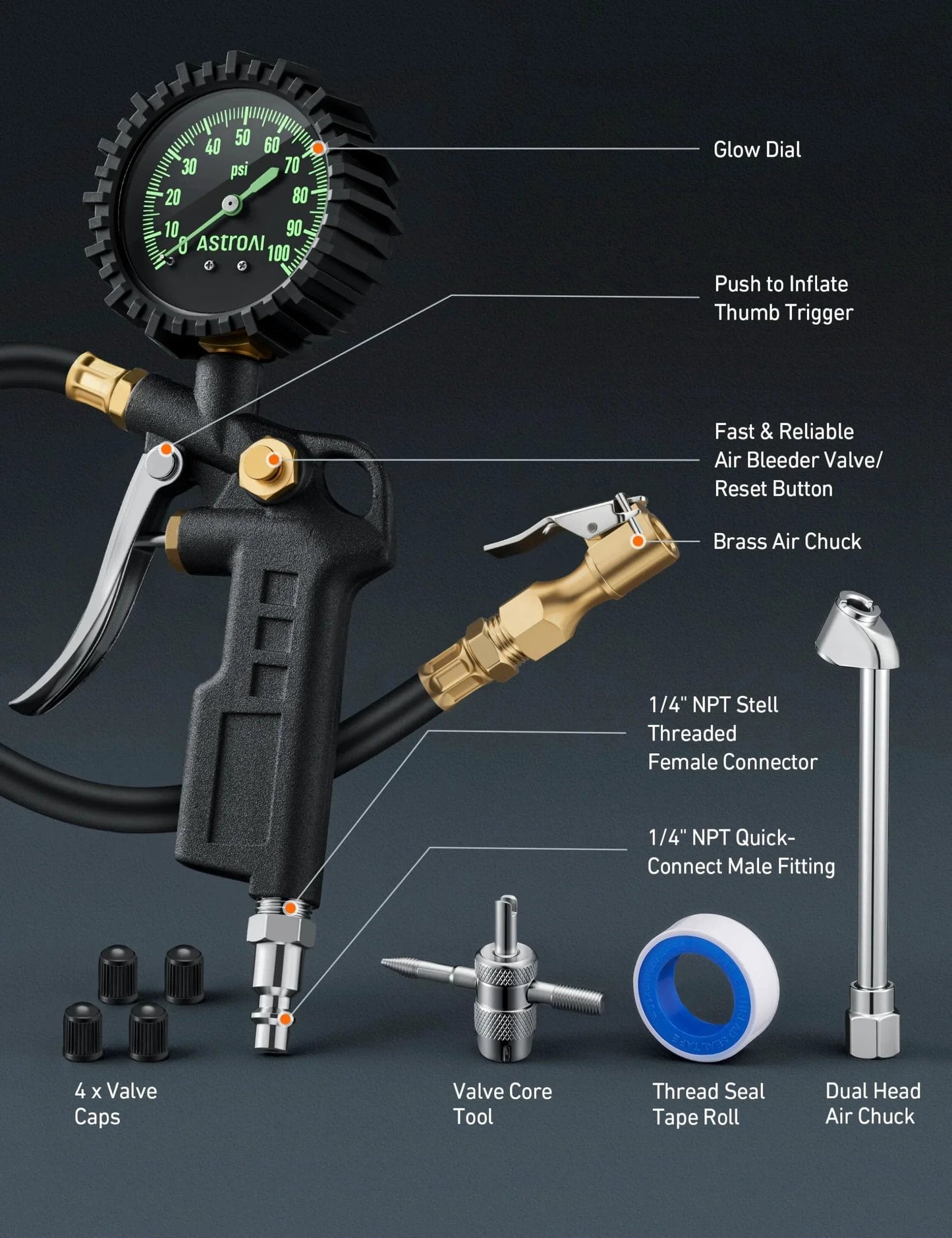 Tire Pressure Gauge With Inflator For Car And Truck, 0-100 PSI Accurate Within 1 PSI, ANSI B40.1 Certified, glow dial, air chuck, tools