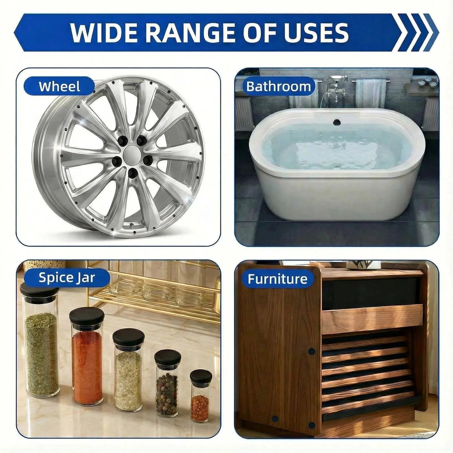 Image showing a wide range of uses for the 150 Piece Flexible Rubber Hole Plugs Kit In 9 Sizes For Round Holes Silicone Snap Locking Plugs including wheel, bathroom, spice jar, and furniture applications.