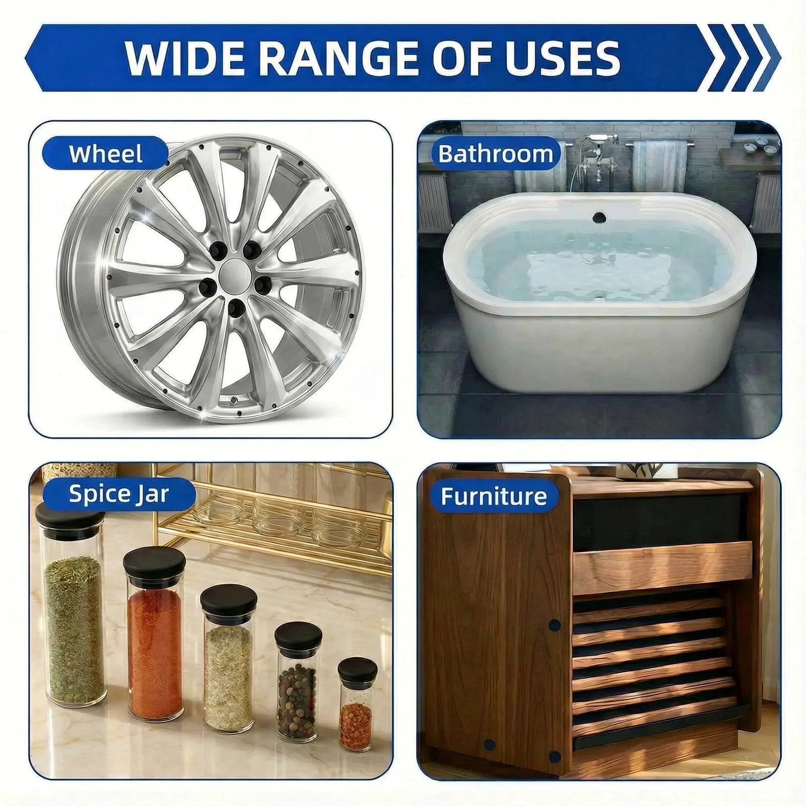 Image showing a wide range of uses for the 150 Piece Flexible Rubber Hole Plugs Kit In 9 Sizes For Round Holes Silicone Snap Locking Plugs including wheel, bathroom, spice jar, and furniture applications.