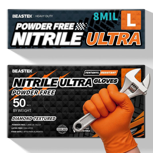 8 Mil Nitrile Disposable Gloves Heavy Duty Diamond Textured Orange Large 50 Pcs packaging and glove holding wrench