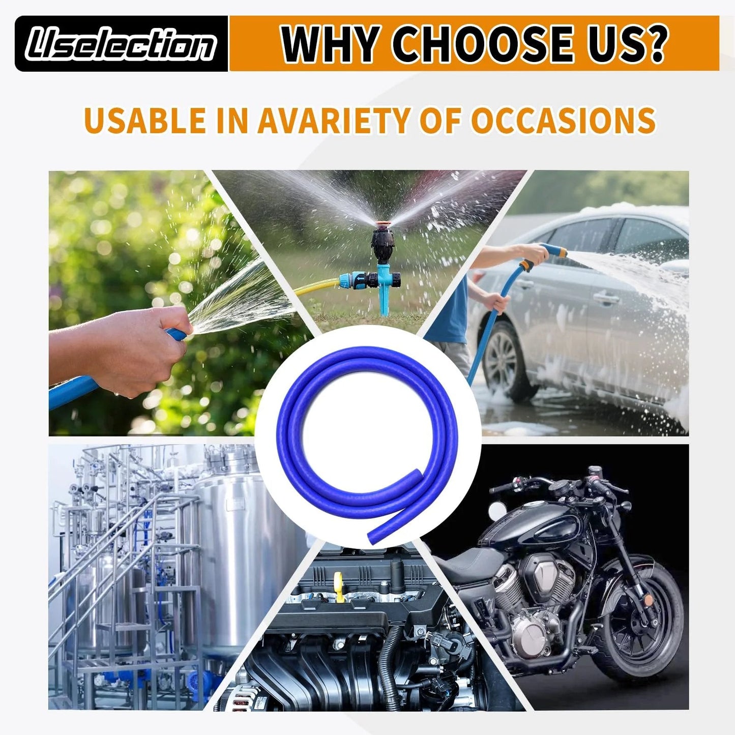 Beefed Up Half Inch ID Five Foot Silicone Heater Hose in various usage scenarios including car, motorcycle, and industrial applications.