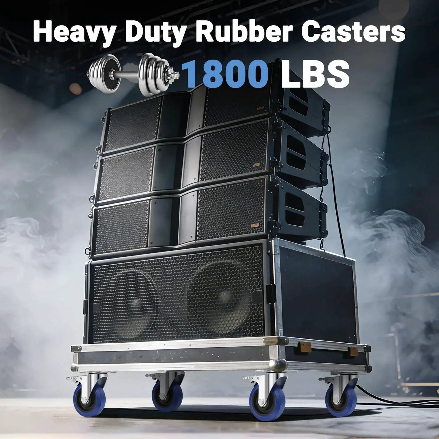 Stacked audio equipment on 4 Inch Soft Rubber Caster Wheels With Brakes Heavy Duty Plate Swivel Castors Industrial Grade 1800 Lb Capacity Blue Floor Safe Casters For Road Cases Dollies Equipment And Machinery Cushioned Shock Absorption For Smooth Quiet Rolling.