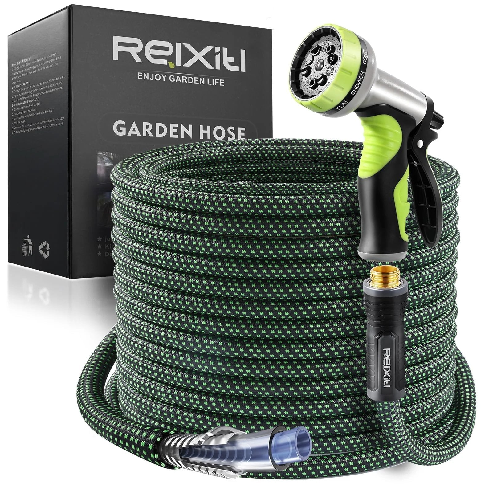 Coiled Flexible Garden Hose For Yard And Lawn With 10 Function Sprayer No Fuss Ultra Lightweight Design, green, 100 ft