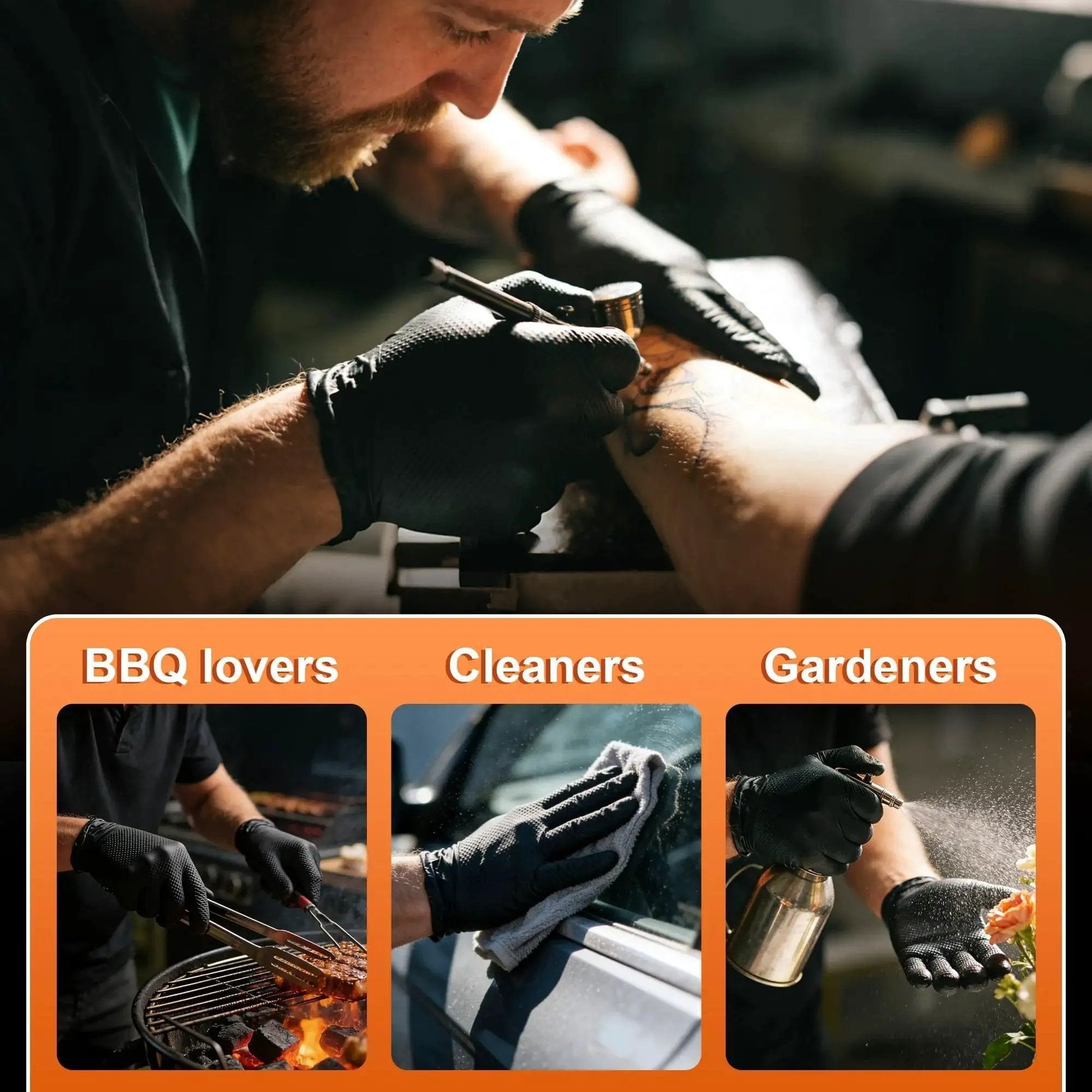 Person wearing Thick 10Mil Nitrile Gloves Diamond Textured Heavy Duty Latex Free Disposable while tattooing arm, gloves used for BBQ, cleaning, gardening.
