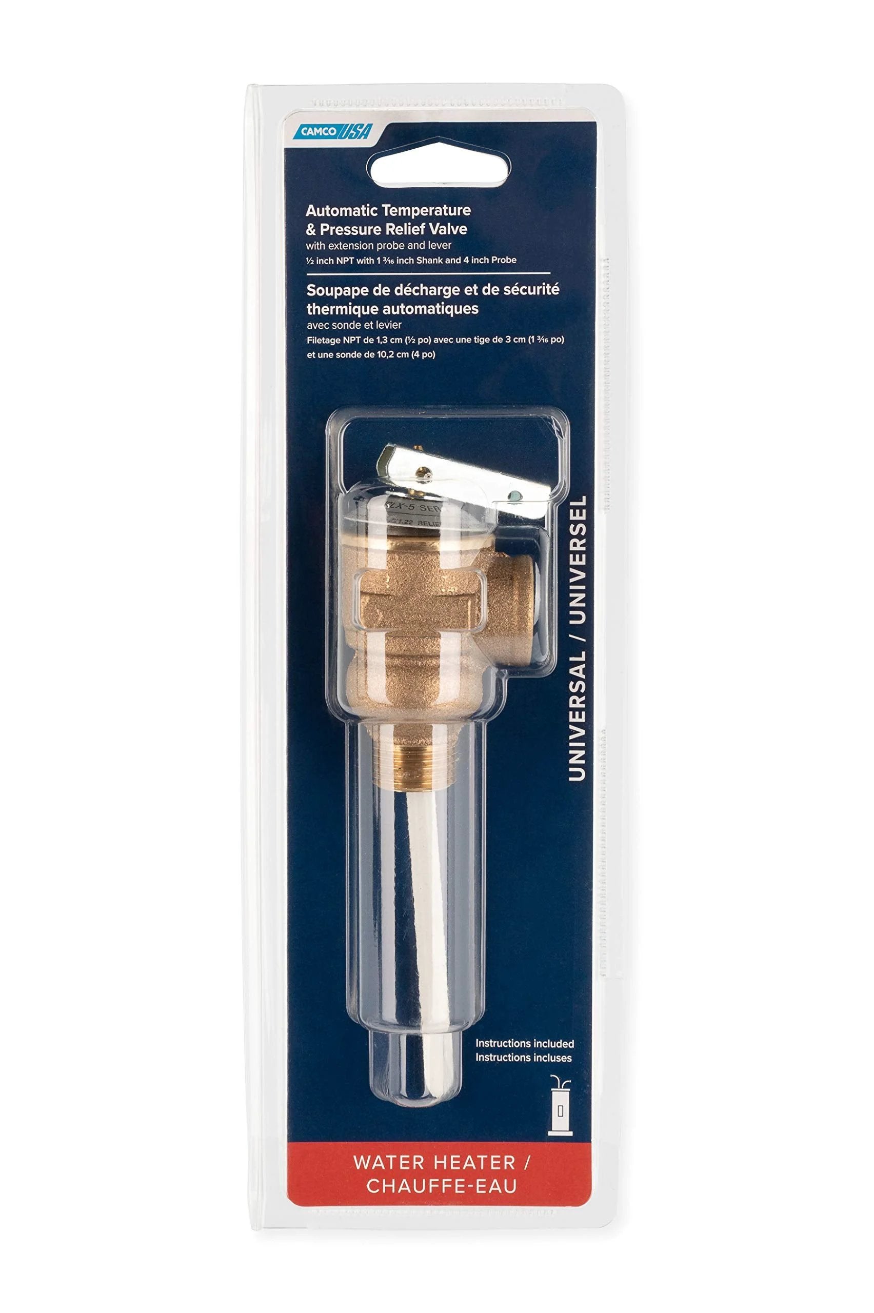 Front view of Built To Last Temperature And Pressure Relief Valve For Water Heaters With Four Inch Epoxy Coated Probe By Camco Factory Preset To 150 PSI And 210 F Half Inch NPT Inlet And Outlet Corrosion Resistant And CSA Certified in packaging