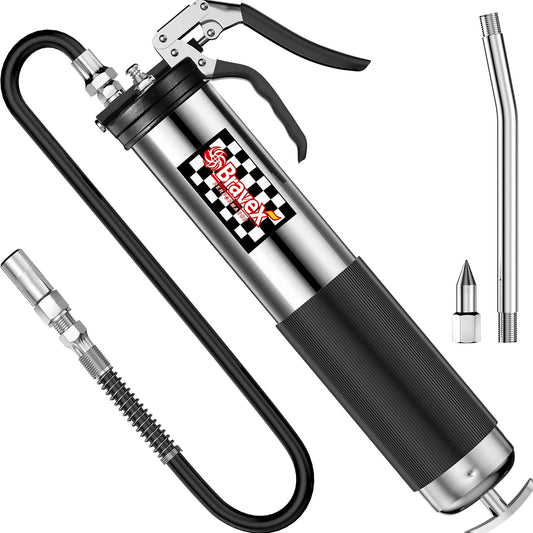 Heavy Duty Pistol Grip Grease Gun With 6000 PSI And 18 Inch Flexible Hose For Pro Shops And DIY Gear Bravex Chrome Canister