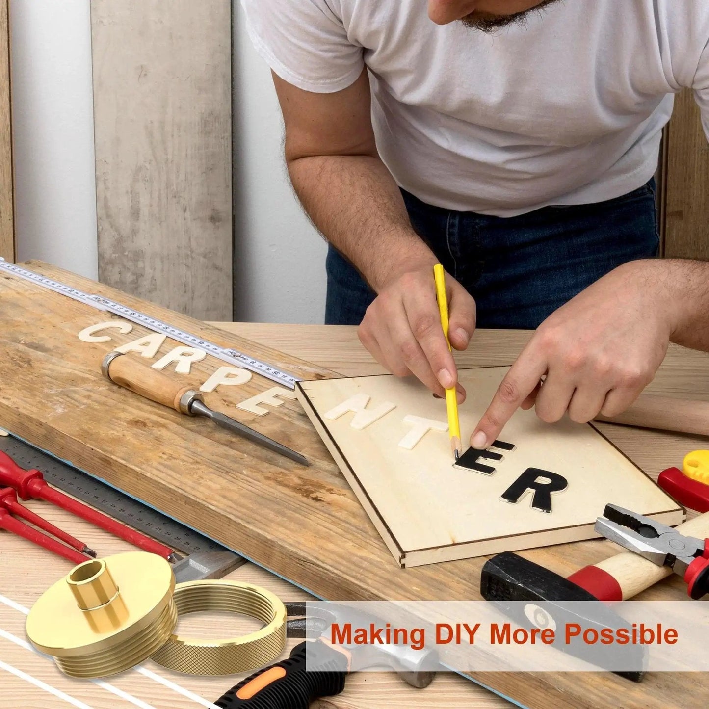 Woodworker using template with Premium 13 Piece Brass Router Template Bushing Set for precise letter cutting in wooden board.