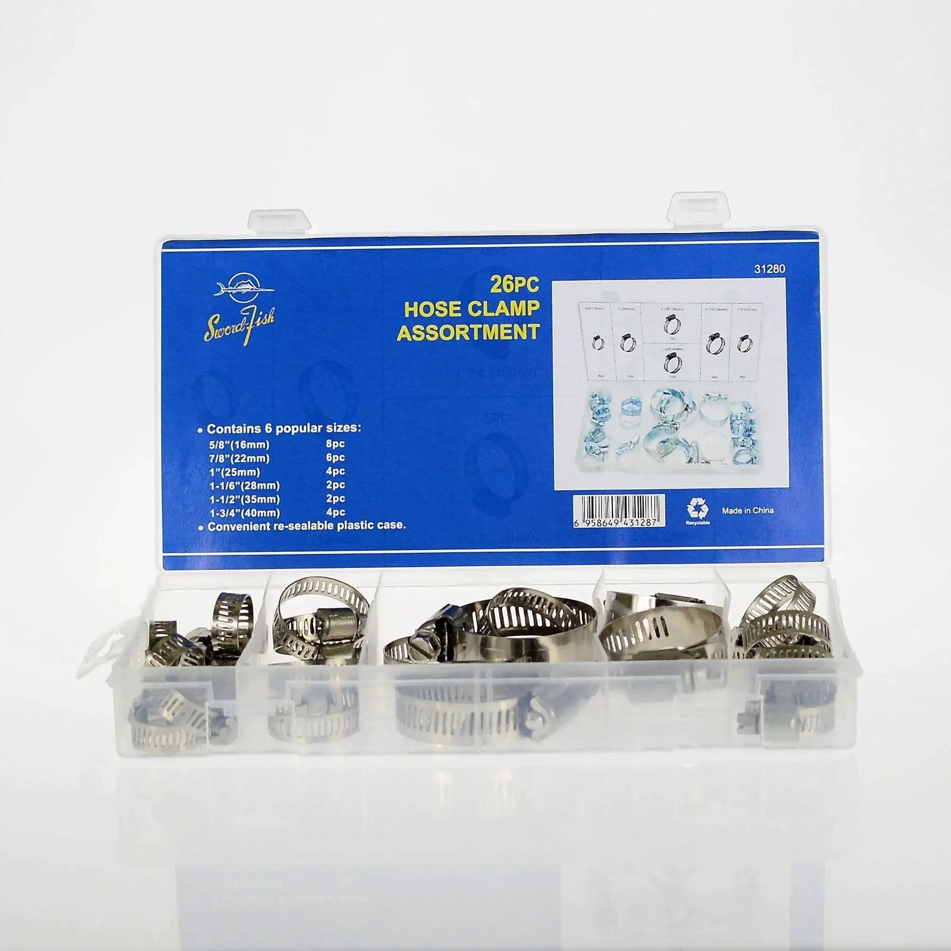 Stainless Steel Hose Clamp Assortment Kit With 26 Pieces And Storage Case Worm Gear Design For Securing Hoses On Pipes Or Automotive Uses