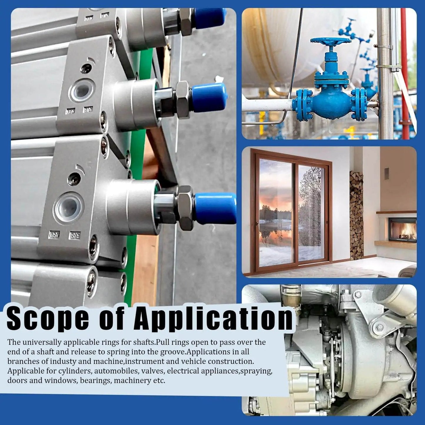 Image collage showing machinery, a blue valve, modern window, and engine part, related to DIY Ready 322 Piece Metric Round Wire Snap Ring Kit.