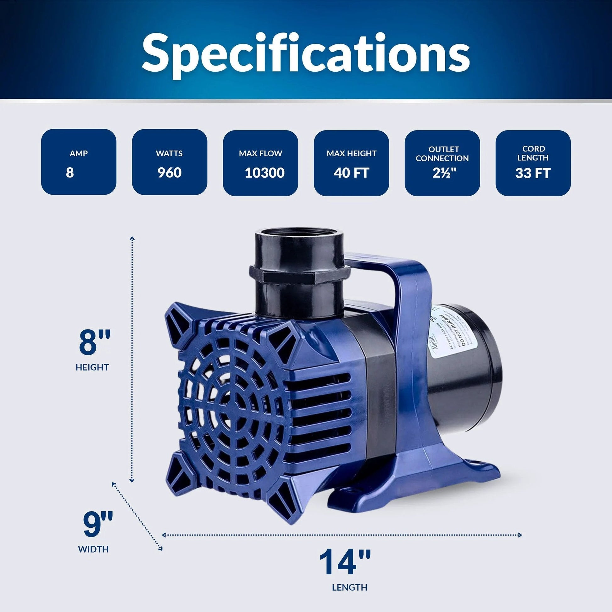 Powerful 10300 GPH Submersible Water Pump for Ponds, Fountains, and Waterfalls With 40 Ft Lift, 33 Ft Cord, Adapters Included, Quiet Operation, 960 Watts for Reliable Water Circulation Alpine Corporation, side view with specifications.
