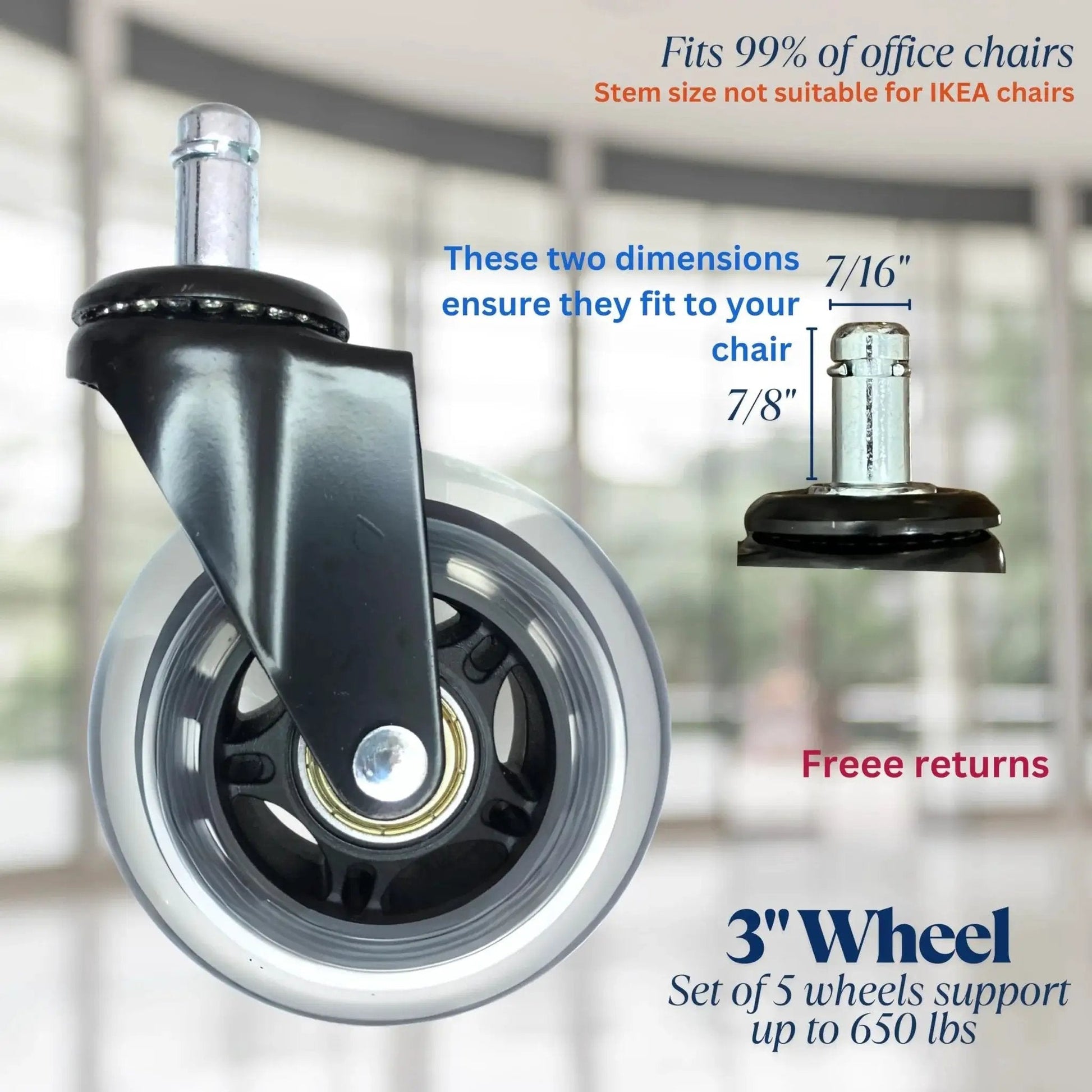 Office Chair Wheel Casters 3 Inch Roller Blade Type Set Of 5 Ultra Smooth Rolling Heavy Duty Non Marking Universal Fit office chair image