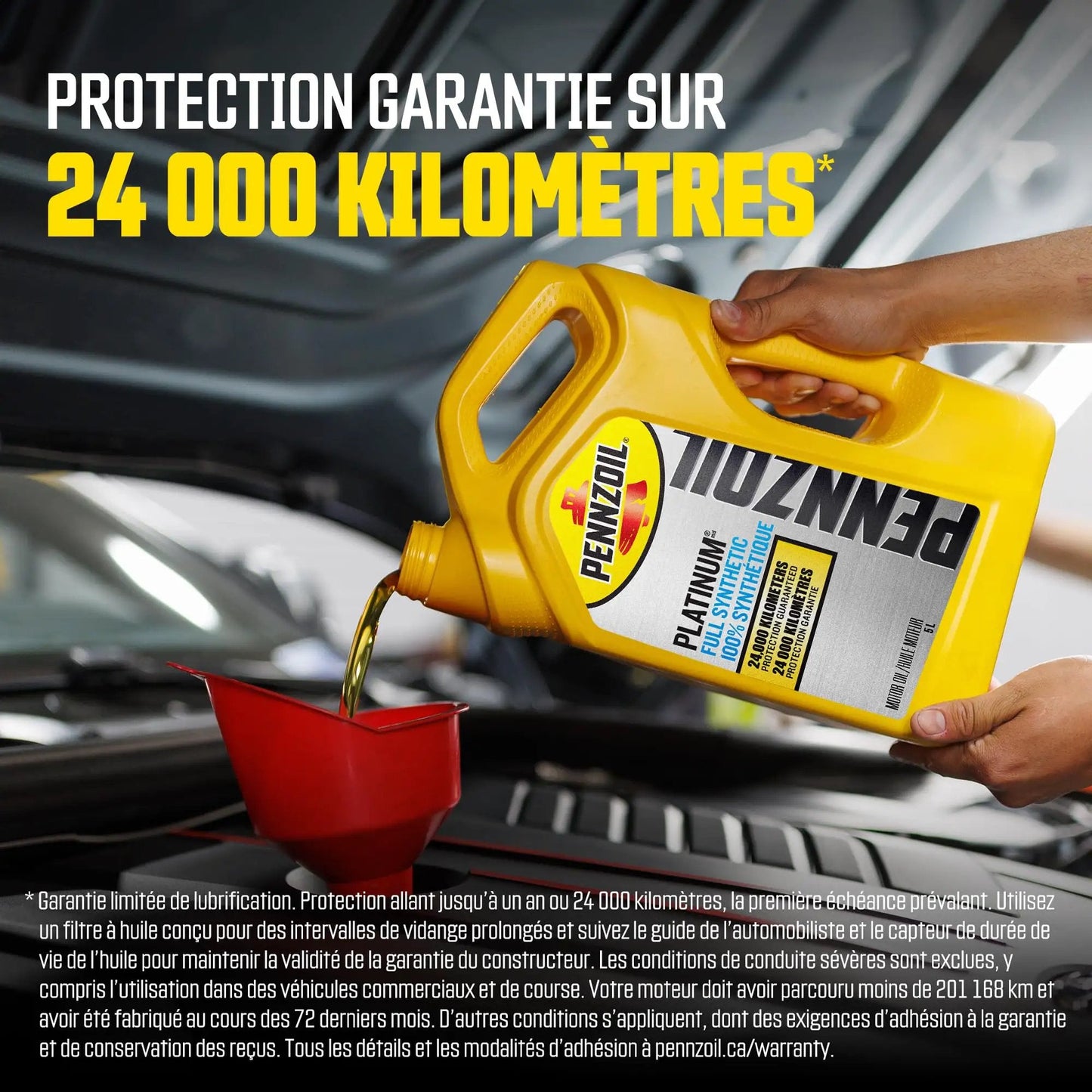 Premium Full Synthetic 0W-20 Motor Oil Made With Natural Gas, 5 Liter pouring into a funnel for engine oil change.