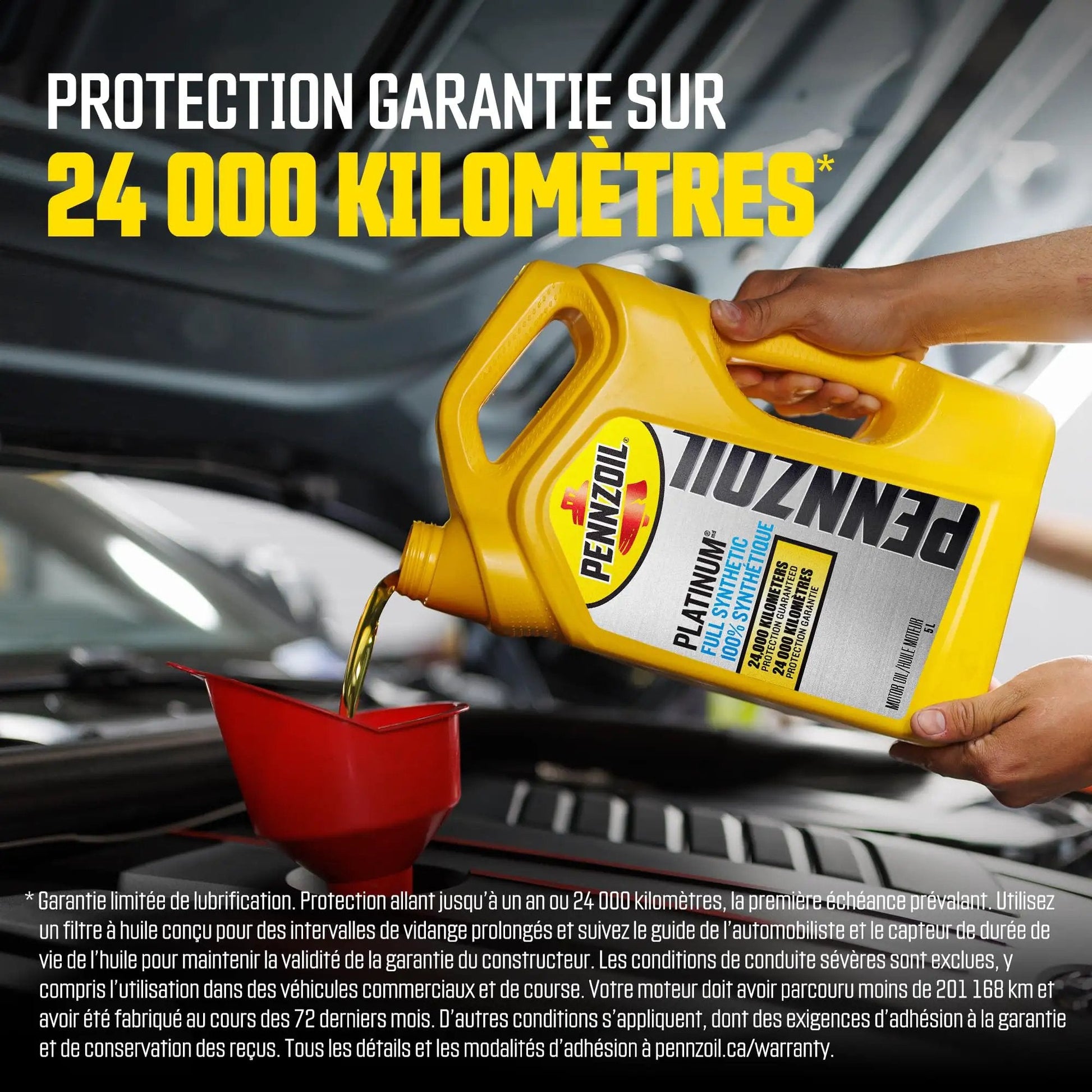Premium Full Synthetic 0W-20 Motor Oil Made With Natural Gas, 5 Liter pouring into a funnel for engine oil change.