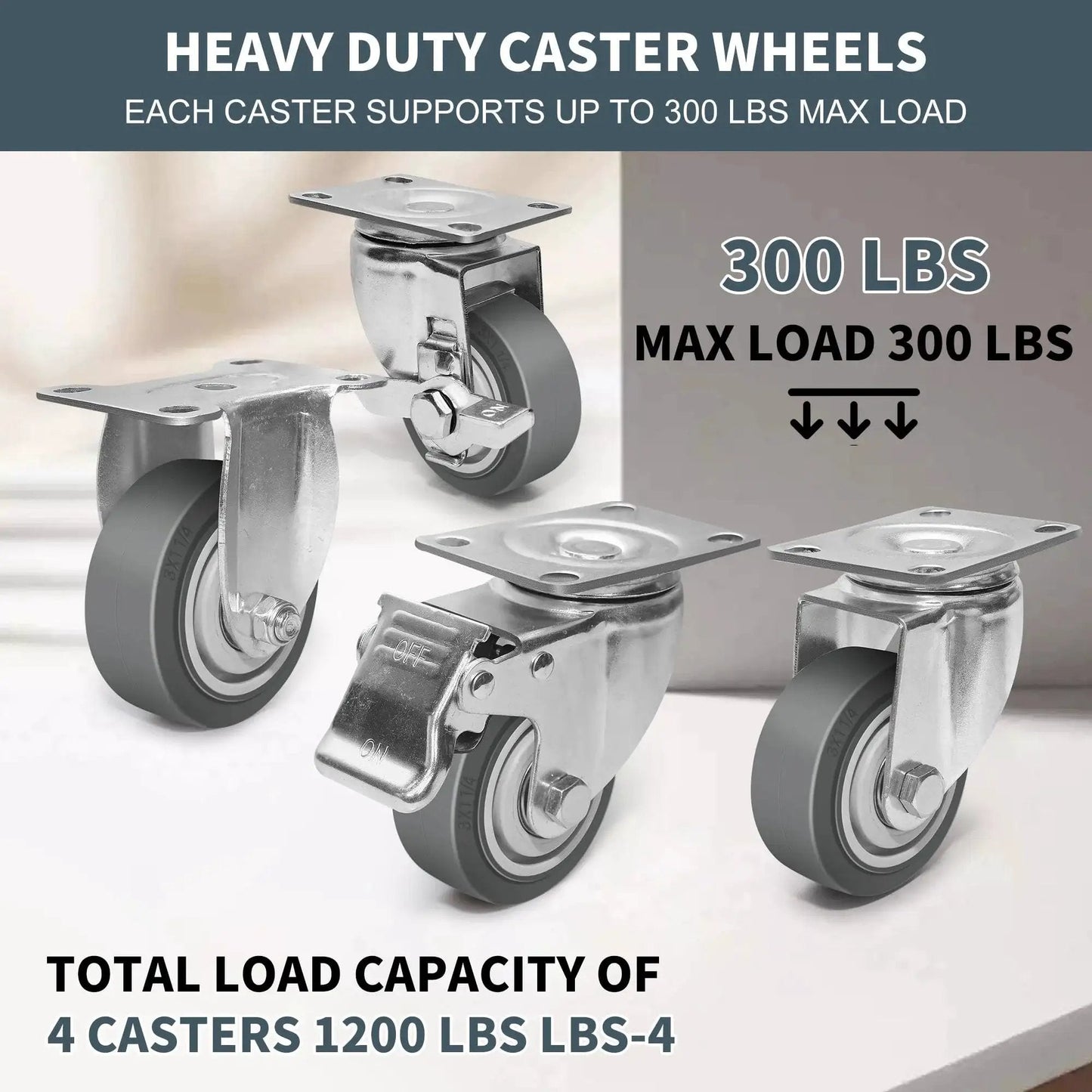 3 Inch Rubber Caster Wheels Set Of 4 With Brakes, Silent Heavy Duty Swivel Plate Casters For Cart, Furniture And Workbench