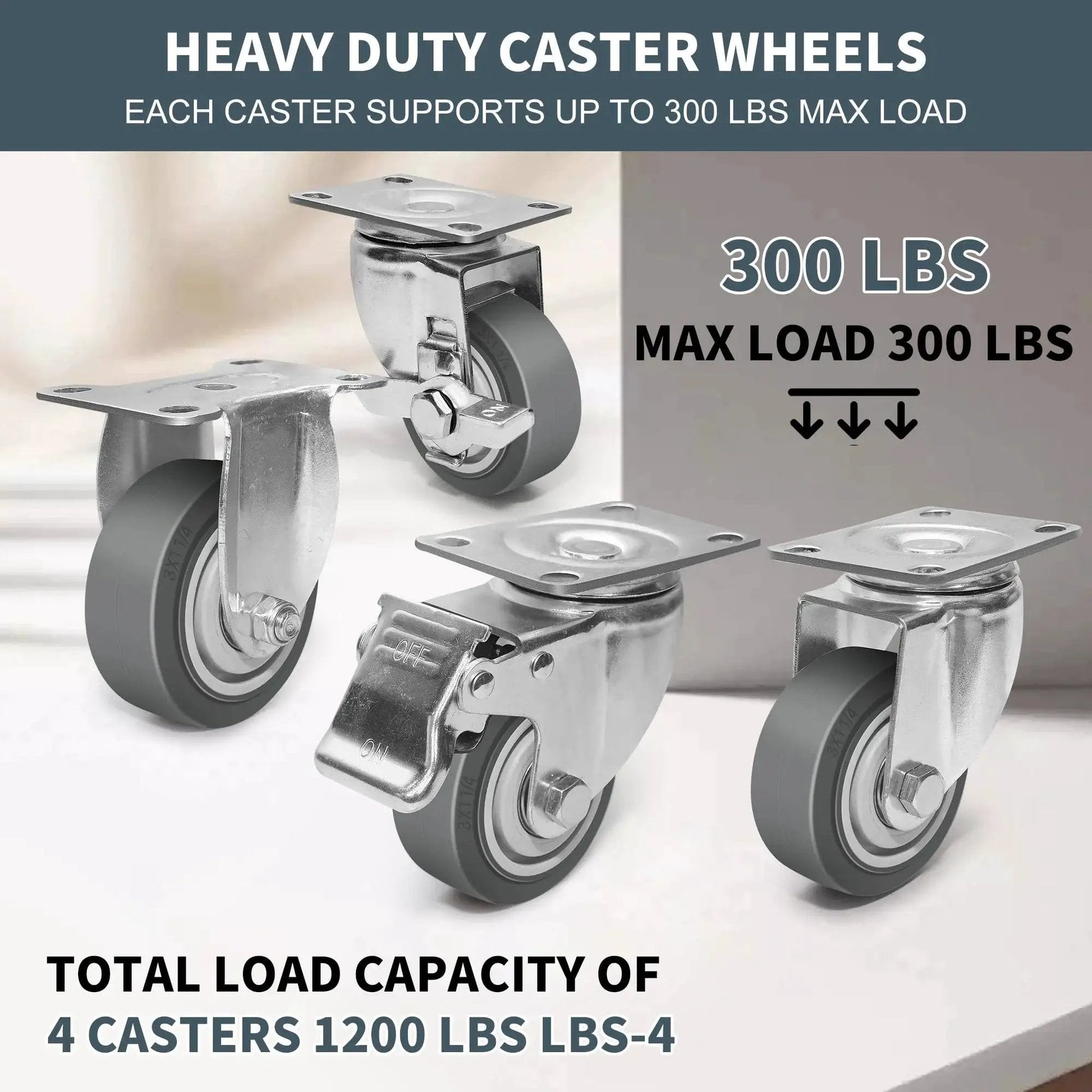 Heavy Duty 3 Inch Caster Wheels Set Of 4 With Brakes Swivel And Rigid Non Marking Rubber Quiet Casters For Cart Furniture Workbench Industrial Plate 1200 Lbs Capacity Heavy Duty Industrial Grade By ZDNEY