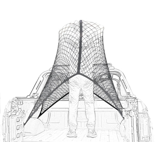 Elastic Cargo Net For Truck Bed And SUV Keeps Lightweight Loads In Place Without Tying, shown installed in a truck bed.
