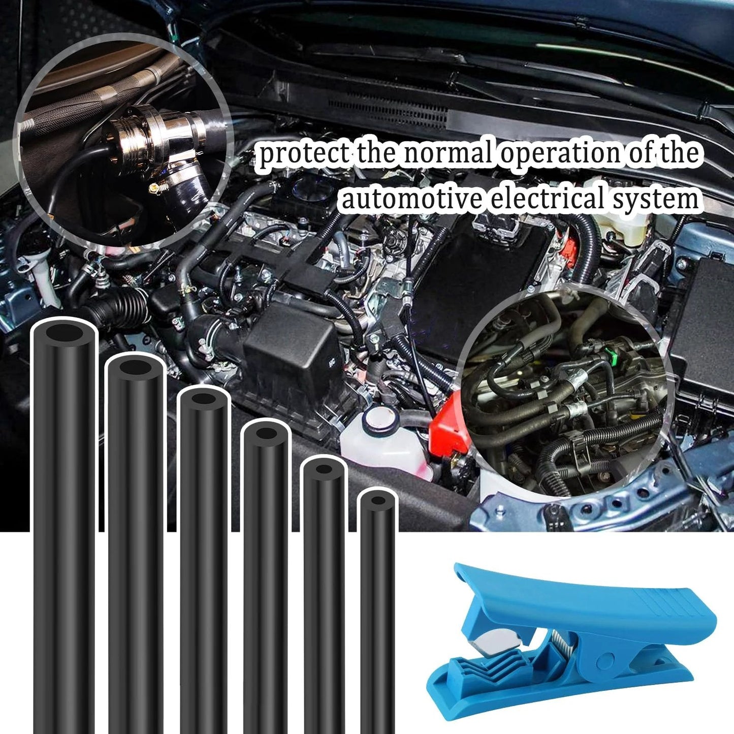 Six Piece 4.9 Ft Silicone Vacuum Hose Kit With Tube Cutter For Automotive Air And Water Lines, Multiple Inner Diameters