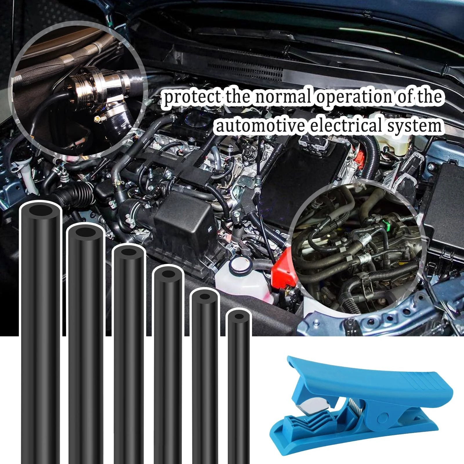 Six Piece 4.9 Ft Silicone Vacuum Hose Kit With Tube Cutter For Automotive Air And Water Lines, Multiple Inner Diameters