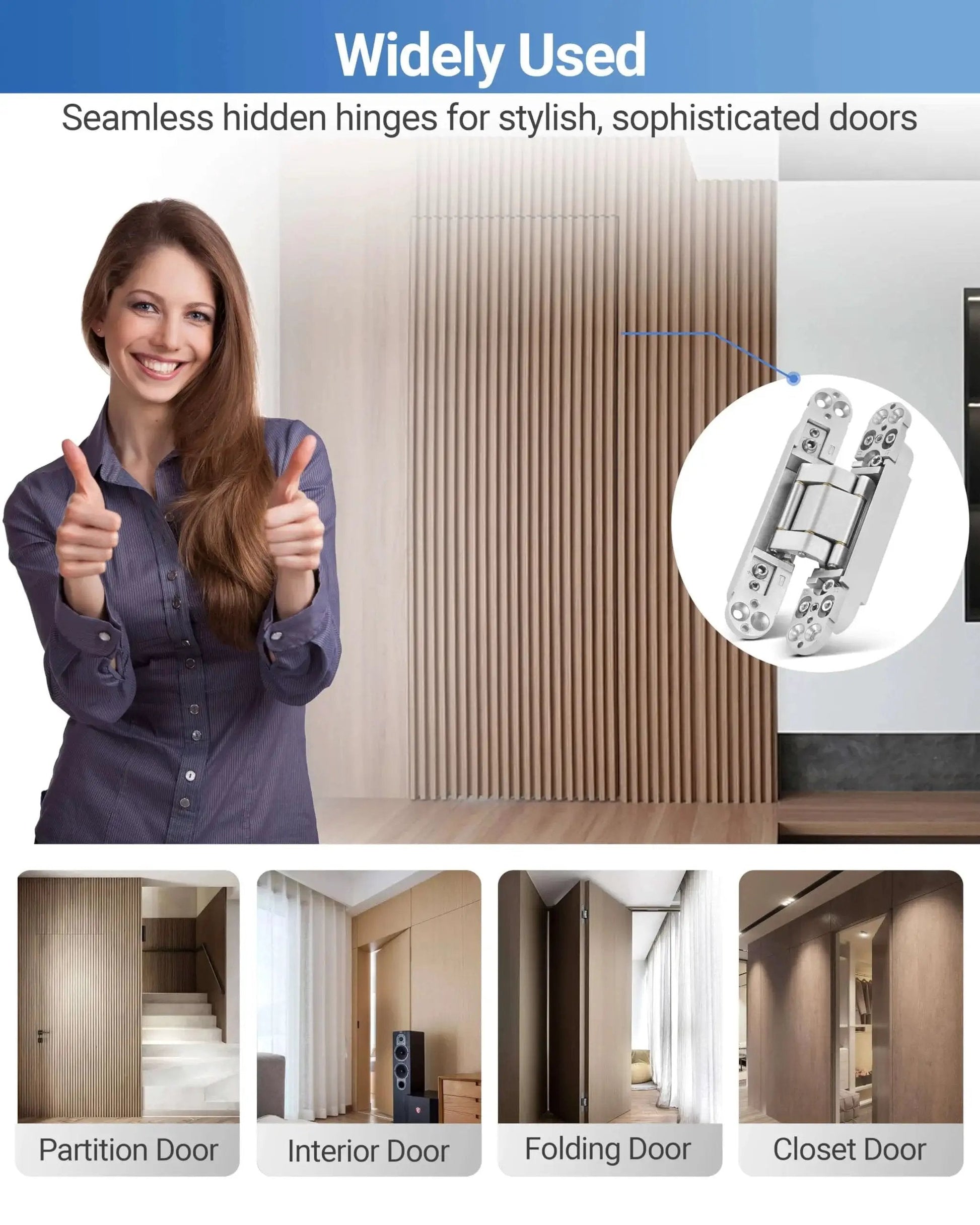 Invisible Door Hinges 2 Pack 6 Inch Silver Hidden Hinges installed on various door types with seamless design for modern interiors.