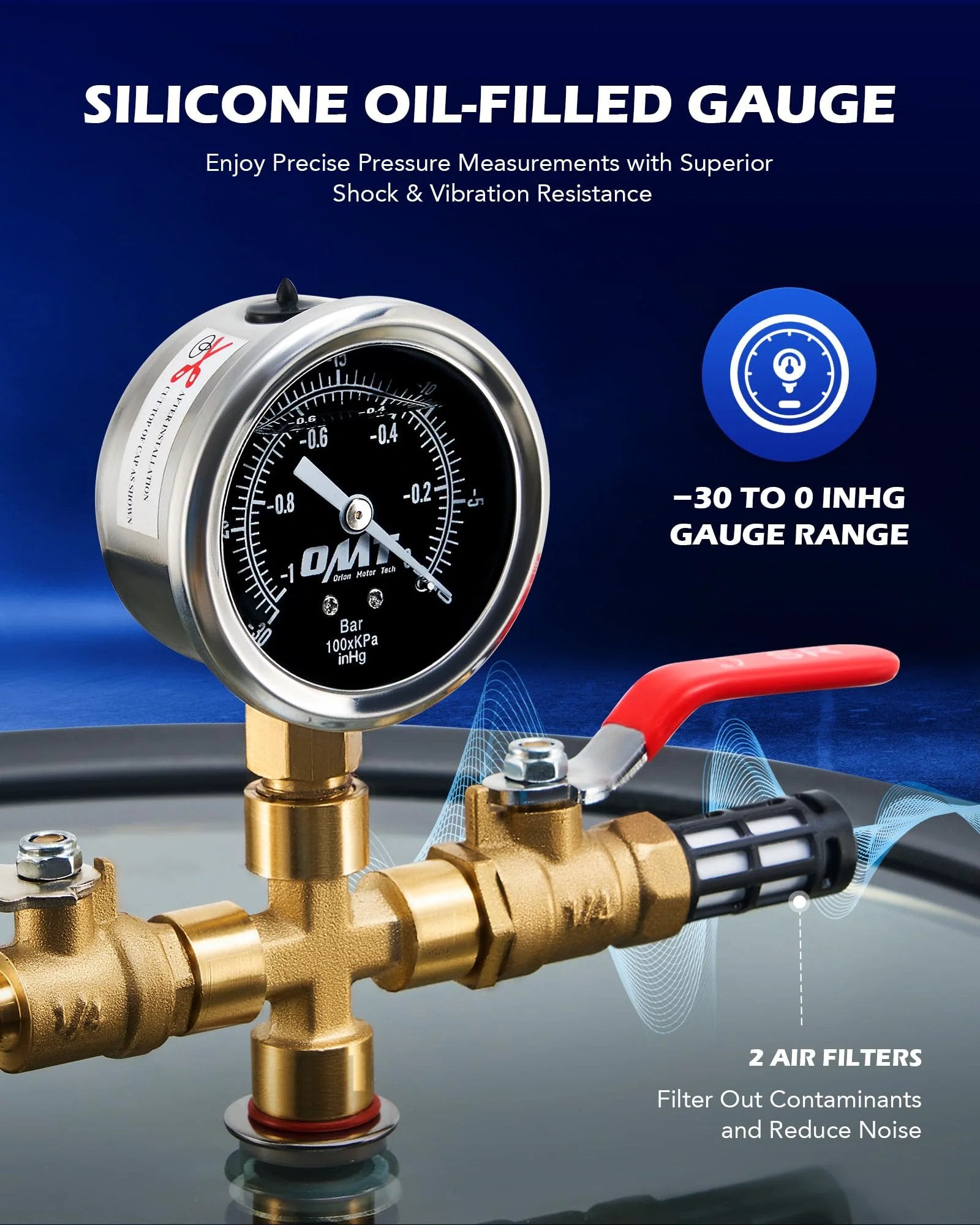 Close-up of silicone oil-filled gauge on All In One 3 Gallon Vacuum Chamber Kit With One Quarter Horsepower Pump, showing -30 to 0 inHg range.