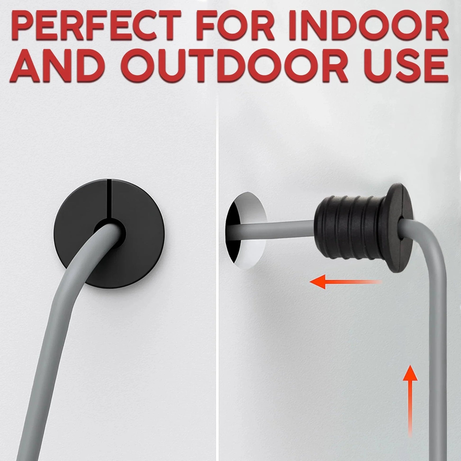 Two Pack Silicone Wall Bushing For Three Quarter Inch Holes In Walls And Panels, demonstrating indoor and outdoor cable installation.