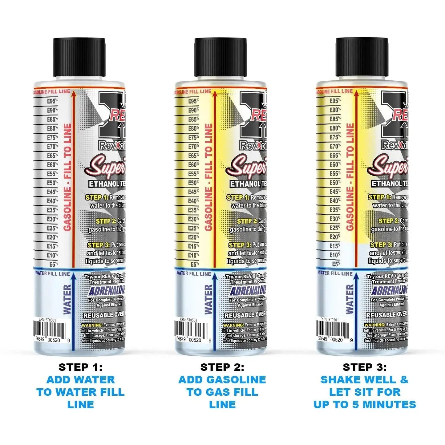 Front view of three bottles of Reusable Gasoline Ethanol Test Kit for Detecting E10 to E90 Ethanol Levels with measurement instructions.