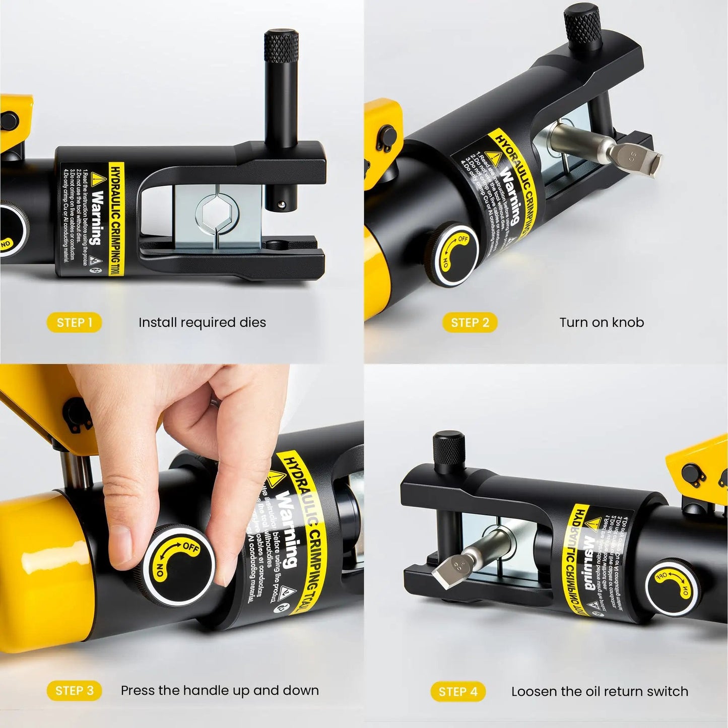 Beefy 16 Ton Hydraulic Wire Crimping Tool With 13 Die Pairs For 9 AWG To 600 MCM Copper And Aluminum Wires instructional steps
