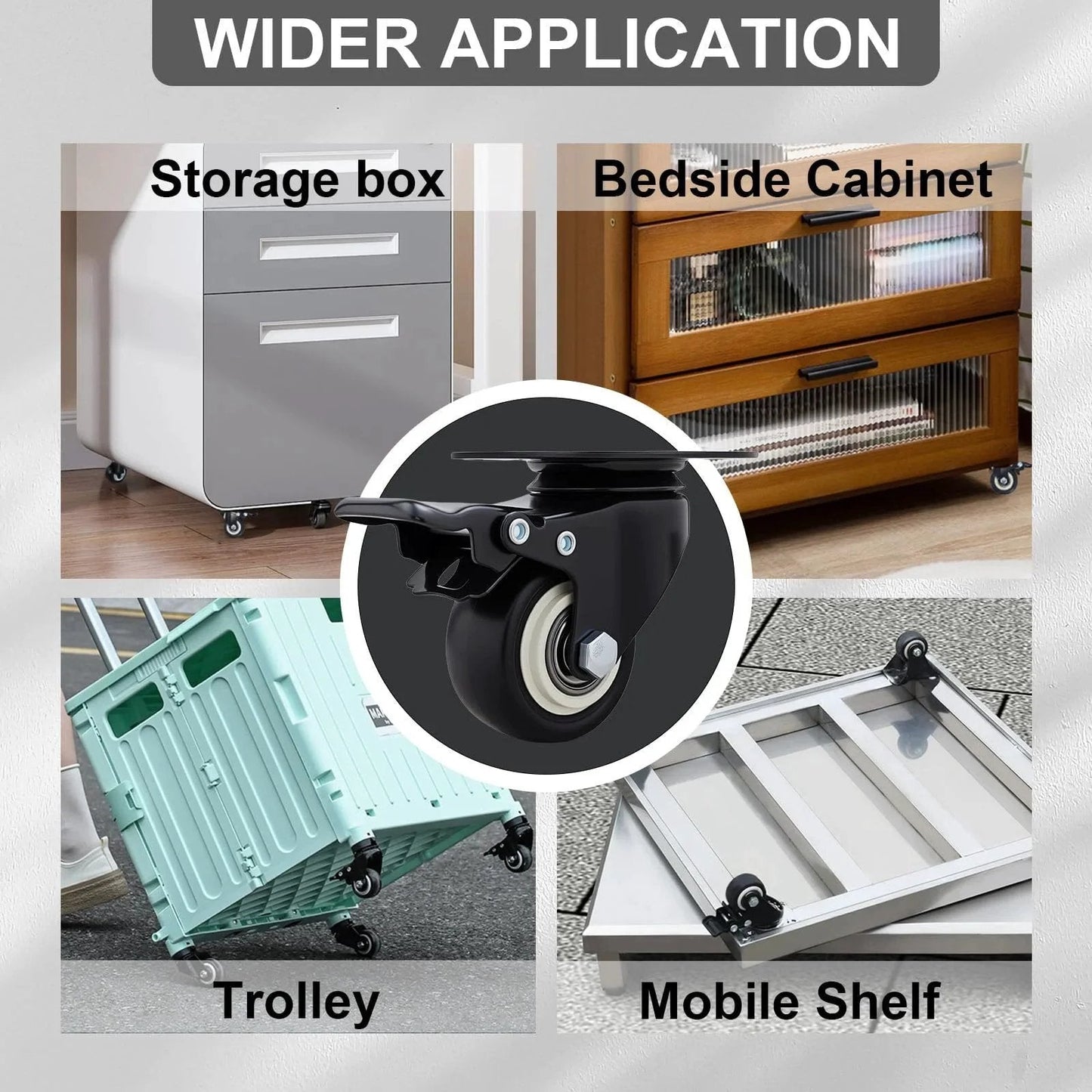 2 Inch Wheel Casters Set Of 4 Heavy Duty Locking Polyurethane Wheels with brakes shown on storage box, cabinet, trolley, shelf