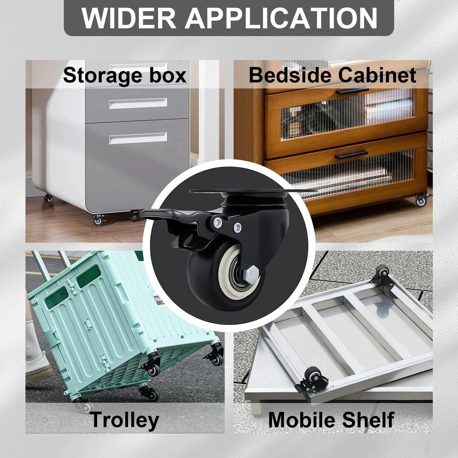 2 Inch Wheel Casters Set Of 4 Heavy Duty Locking Polyurethane Wheels with brakes shown on storage box, cabinet, trolley, shelf