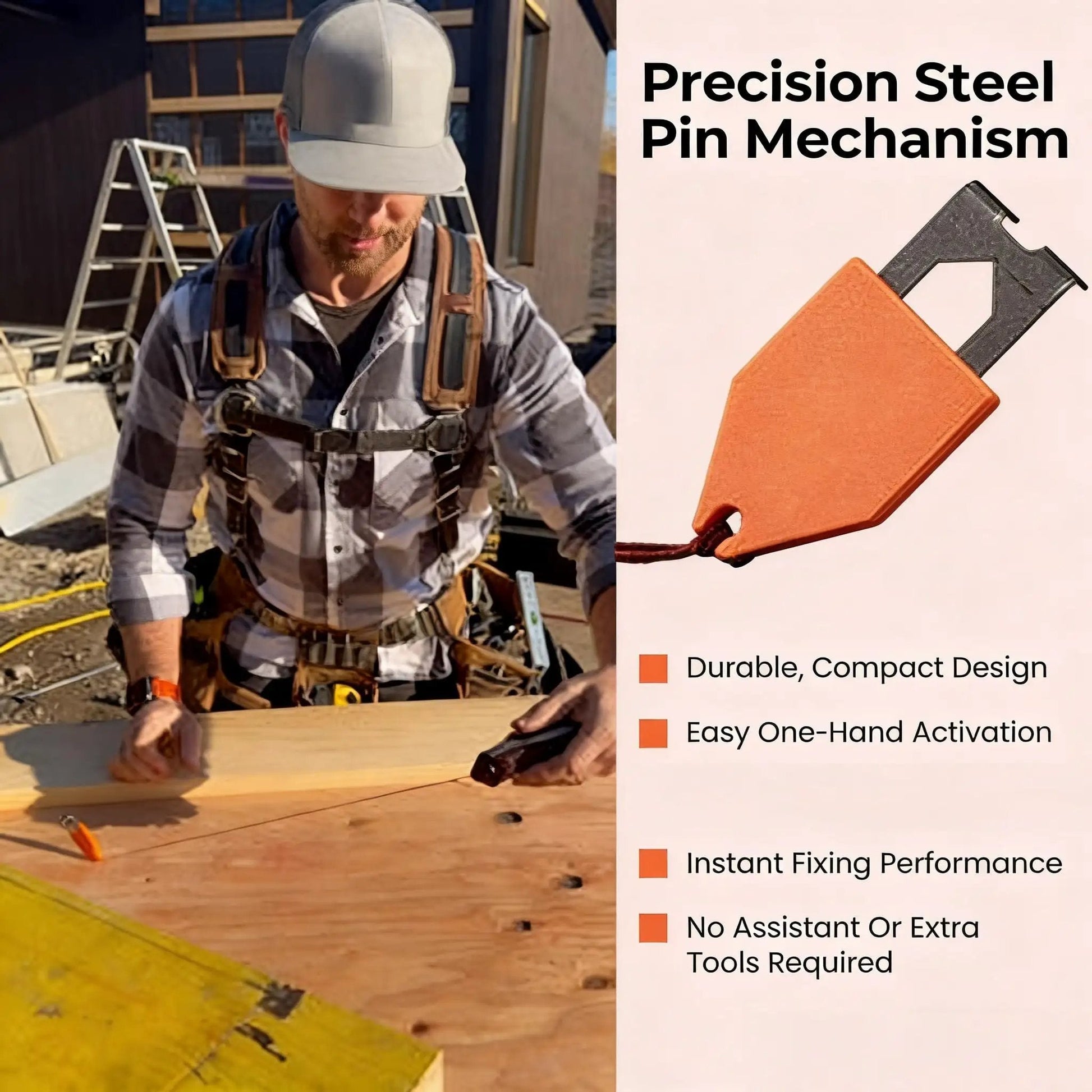 Carpenter using Rope Anchor Hook One Handed Fixing Power for Quick Carpentry and Home Renovation, compact design, steel pin visible.