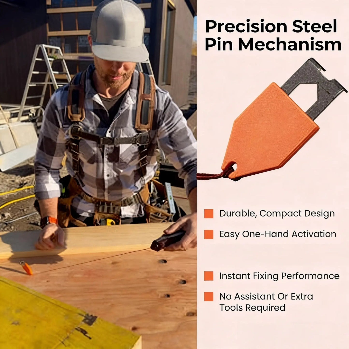 Rope Anchor Hook One-Handed Steel Pin Rope Fixer in use on carpentry site, durable design, orange color, includes 2-Piece Set.