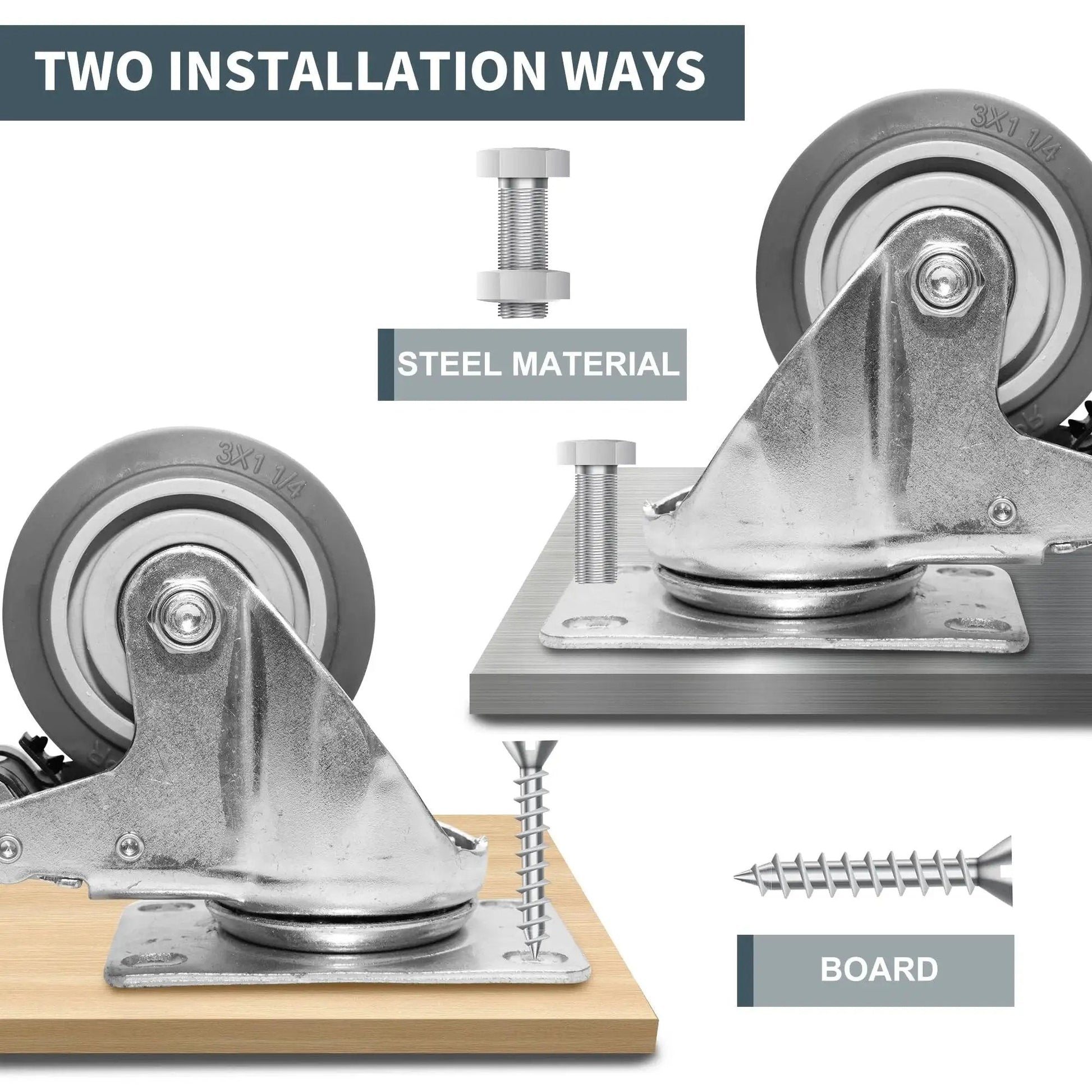 Two installation methods shown for Heavy Duty 3 Inch Caster Wheels Set Of 4 With Brakes Swivel And Rigid Non Marking Rubber Quiet Casters