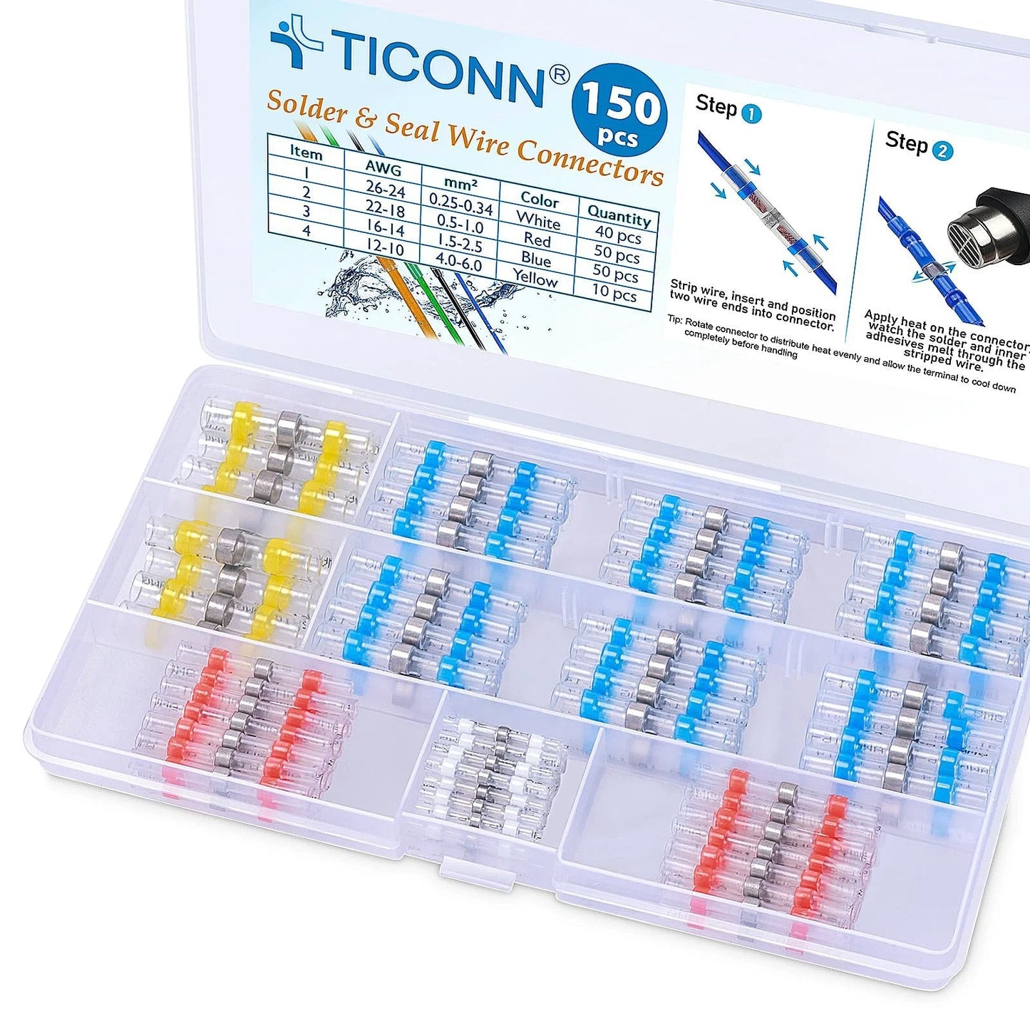 150 Piece Solder Seal Wire Connectors Kit For Quick And Easy DIY Wiring, Waterproof Heat Shrink Butt Splice Terminals, Insulated Electrical Connectors For No Crimp Solder And Seal Process, Strong Leak Free Connections, TICONN
