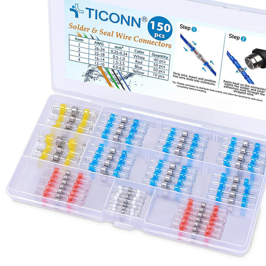 150 Piece Solder Seal Wire Connectors Kit For Quick And Easy DIY Wiring, Waterproof Heat Shrink Butt Splice Terminals, Insulated Electrical Connectors For No Crimp Solder And Seal Process, Strong Leak Free Connections, TICONN