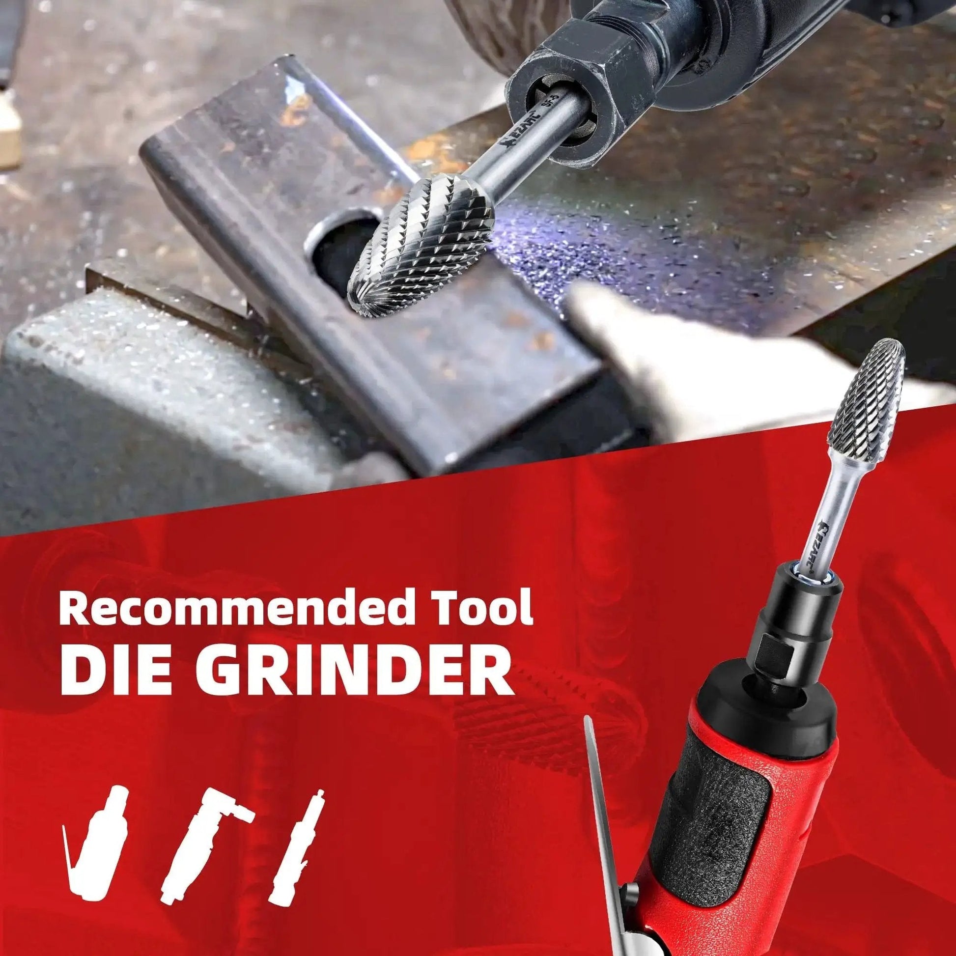 Beast Grade Tungsten Carbide Rotary Burr Bit SF Five Double Cut For Metal Working Die Grinder in use on metal surface