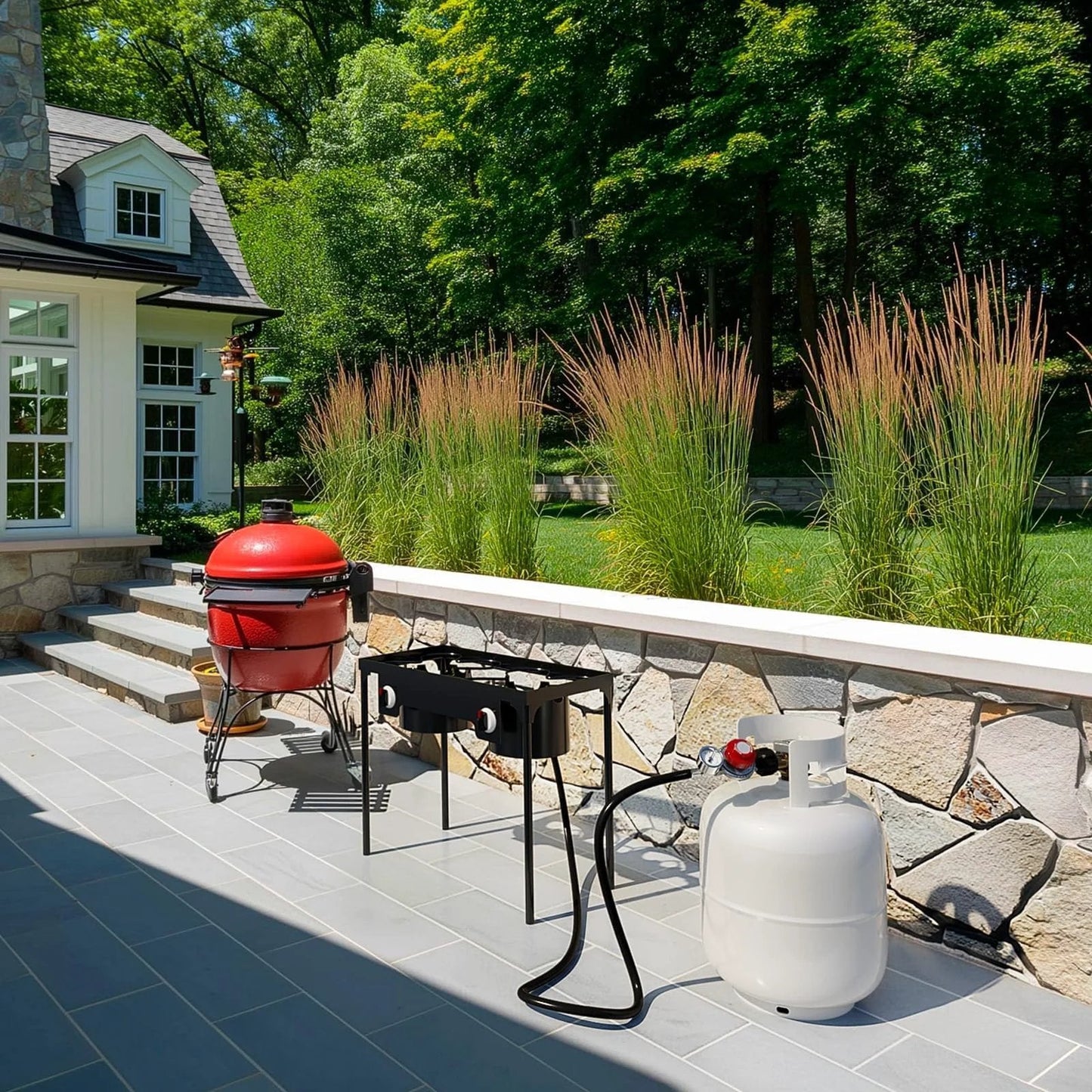 Outdoor setup with propane tank connected, featuring Adjustable Propane Regulator With 0 to 60 PSI Gauge And Hose For LP Gas Cookers Burners Turkey Fryers And Smokers NUPICK Quality Easy Dial Control And Real Time Pressure Monitoring.