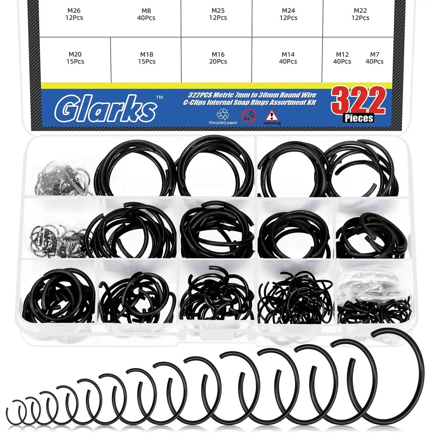 DIY Ready 322 Piece Metric Round Wire Snap Ring Kit 7mm To 30mm Internal Circlips Retaining Rings For Holes In Clear Case