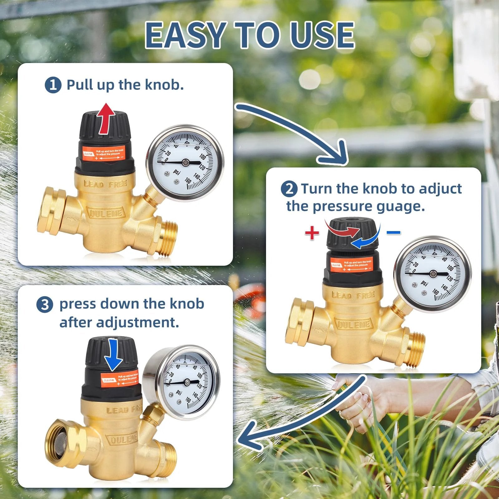 RV Water Pressure Regulator Valve With Adjustable Handle And Dual Filters For Camper And Travel Trailer, Brass Lead Free Three Quarter Inch Fittings, Silicone Oil Gauge, Easy One Hand Operation, Keeps Your Water System Safe And Consistent.