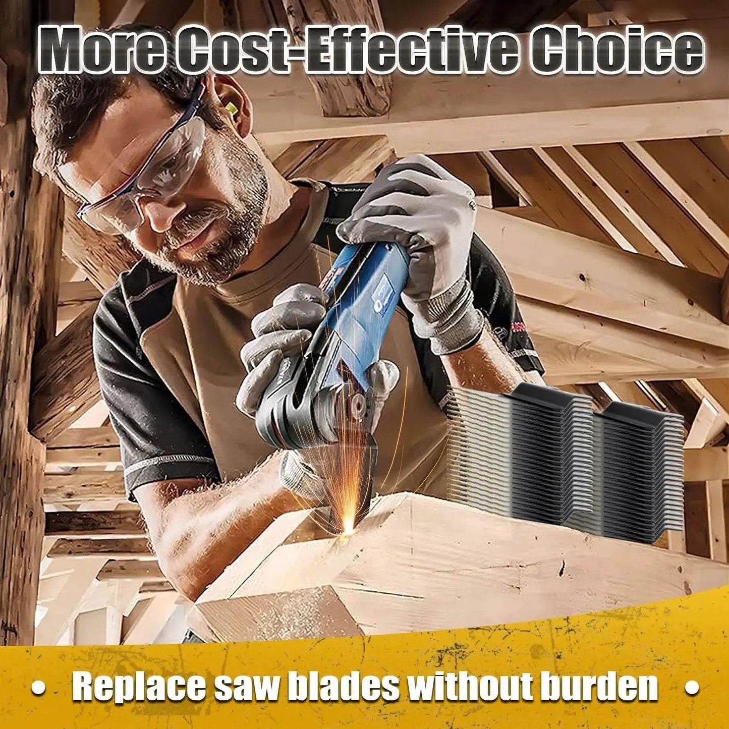 Ultimate 20 Piece Oscillating Tool Blades Kit With One Titanium Blade And Nineteen High Carbon Blades in use on wood