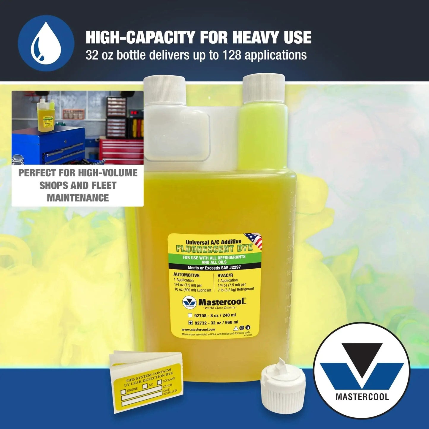 Universal UV Dye for R-1234yf Hybrid and CO2 AC Systems 32 Oz Bottle with label and cap
