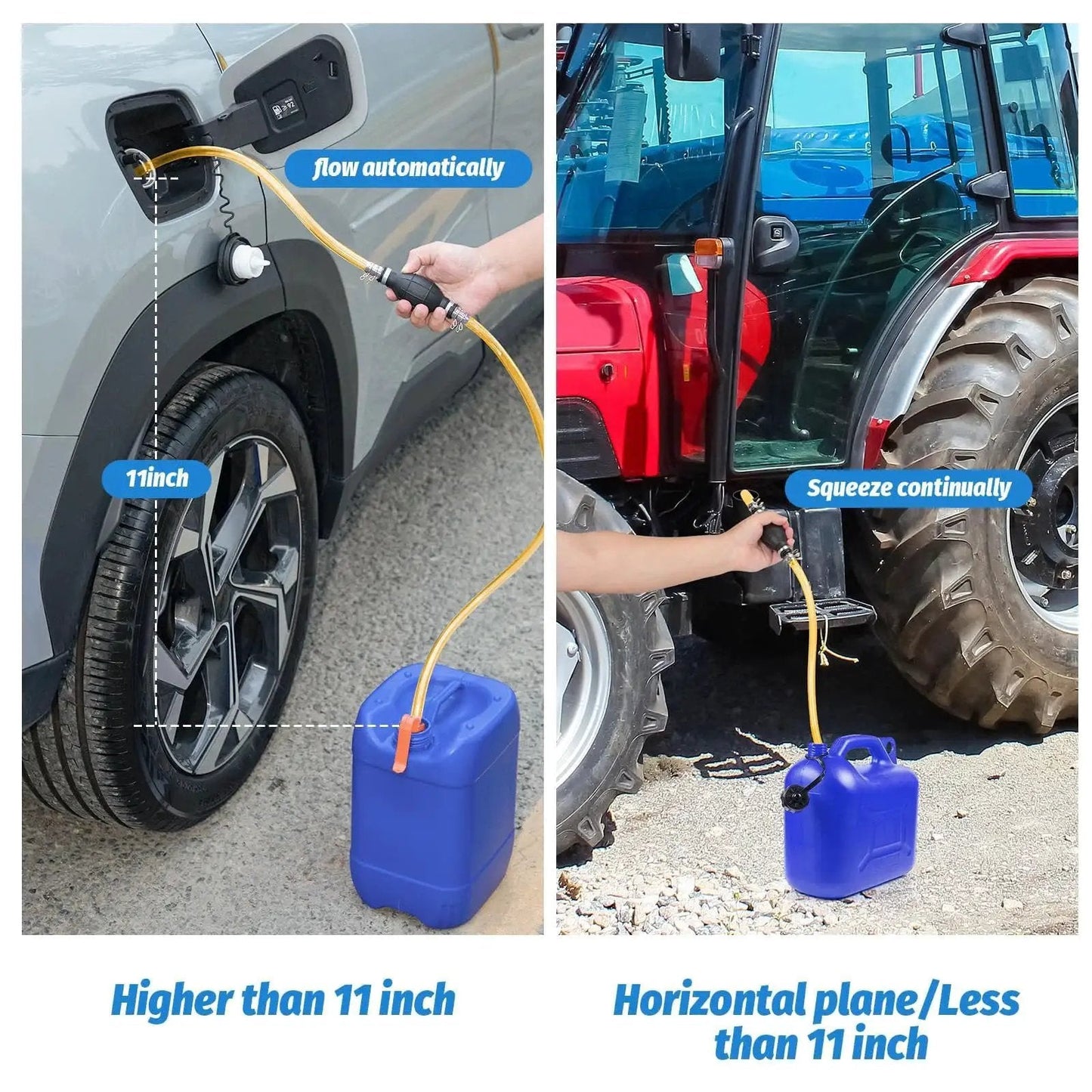 High Flow Portable Siphon Pump With 15mm PVC Hoses for gasoline and diesel transfer from blue container to vehicles