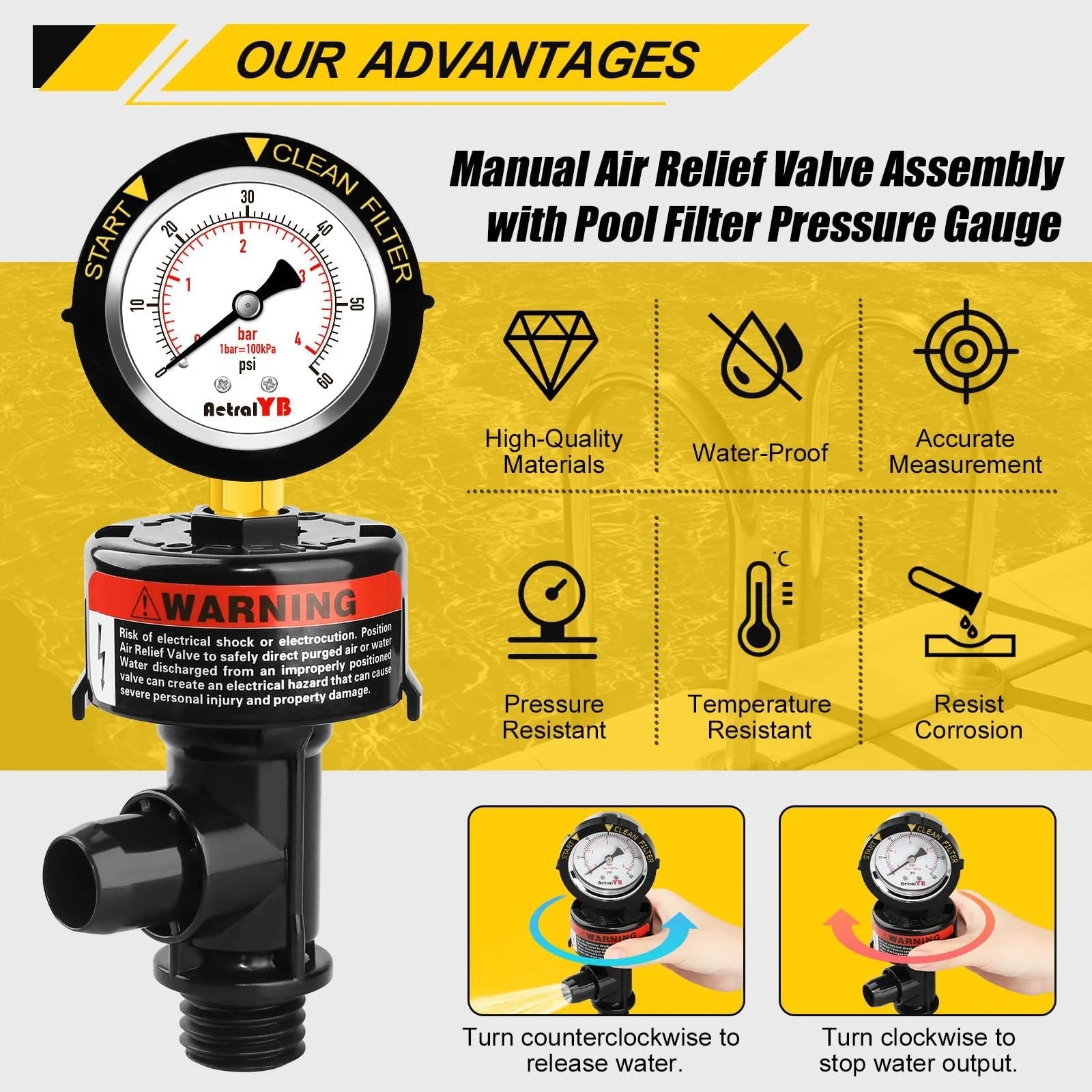 Manual Pool Filter Air Relief Valve With Waterproof Stainless Steel Pressure Gauge High Flow Replacement