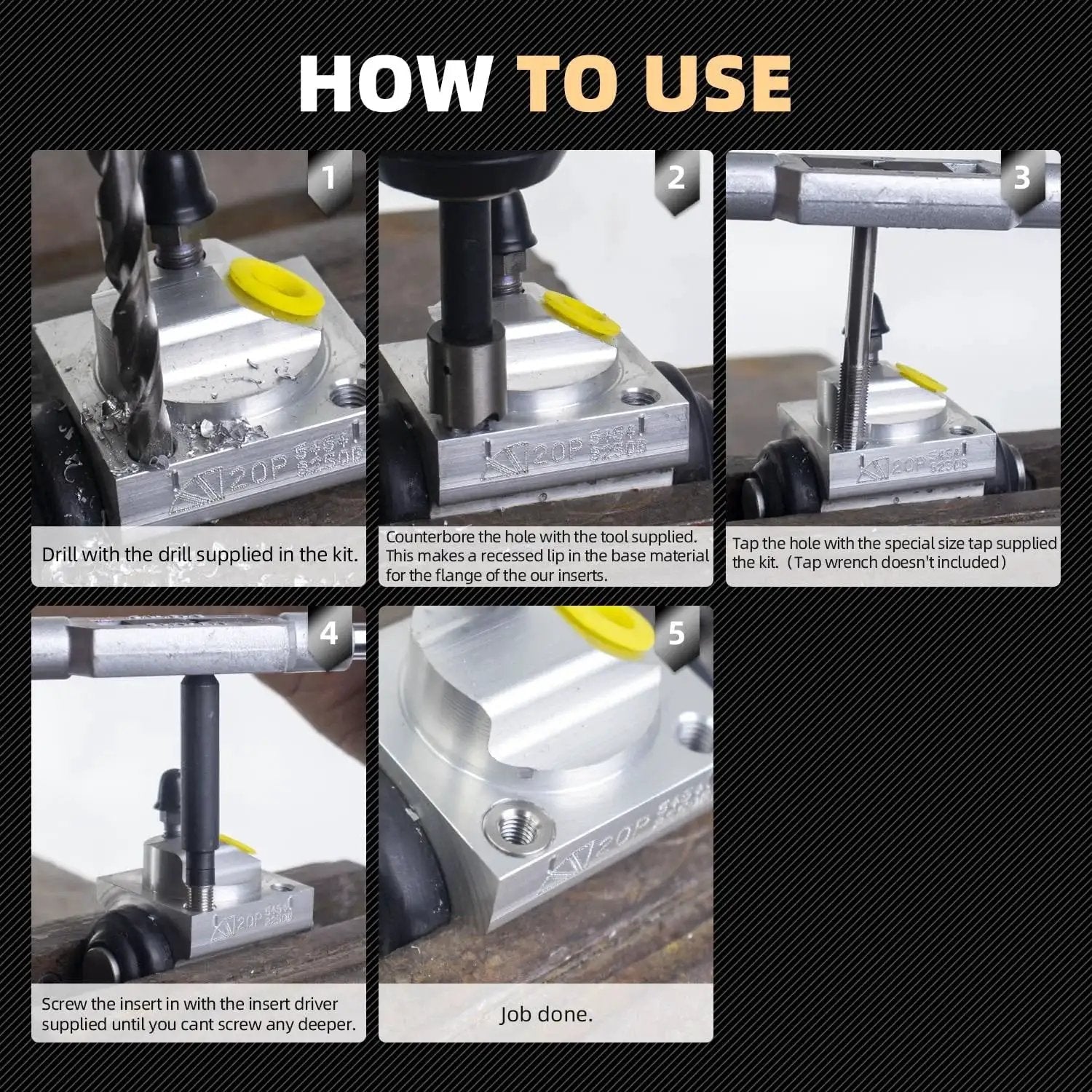 How-to guide for using M6x1.0 Thread Repair Kit with 9.4mm Stainless Inserts Drill Tap Driver on metal component.