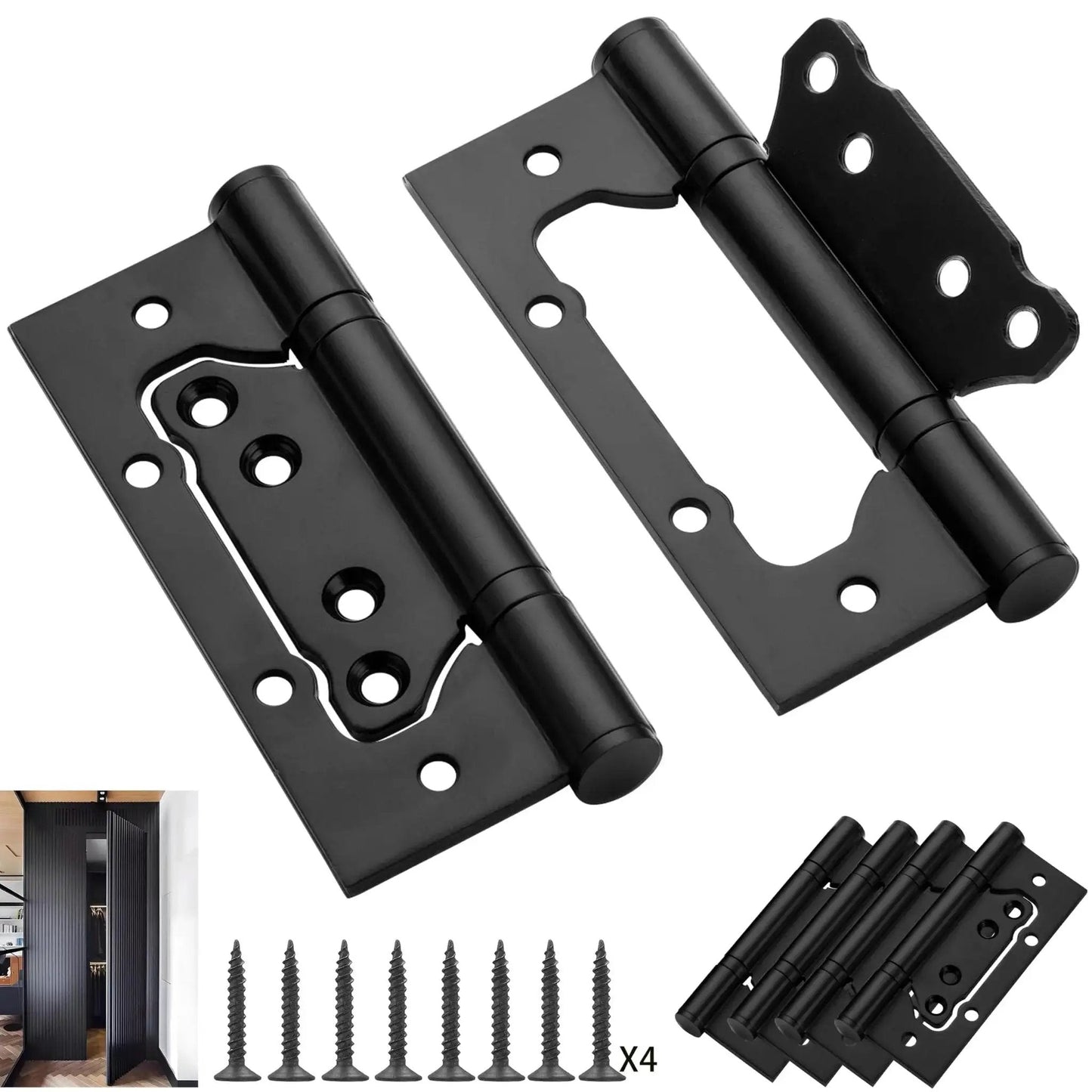 No Mortise 5 Inch Door Hinges Black 304 Stainless Steel With Bearings Heavy Duty 100 Kg Load Capacity 4 Pack For Interior Doors Easy Install No Cutting Grooves Improve Aesthetics And Smooth Operation, screws and installation view