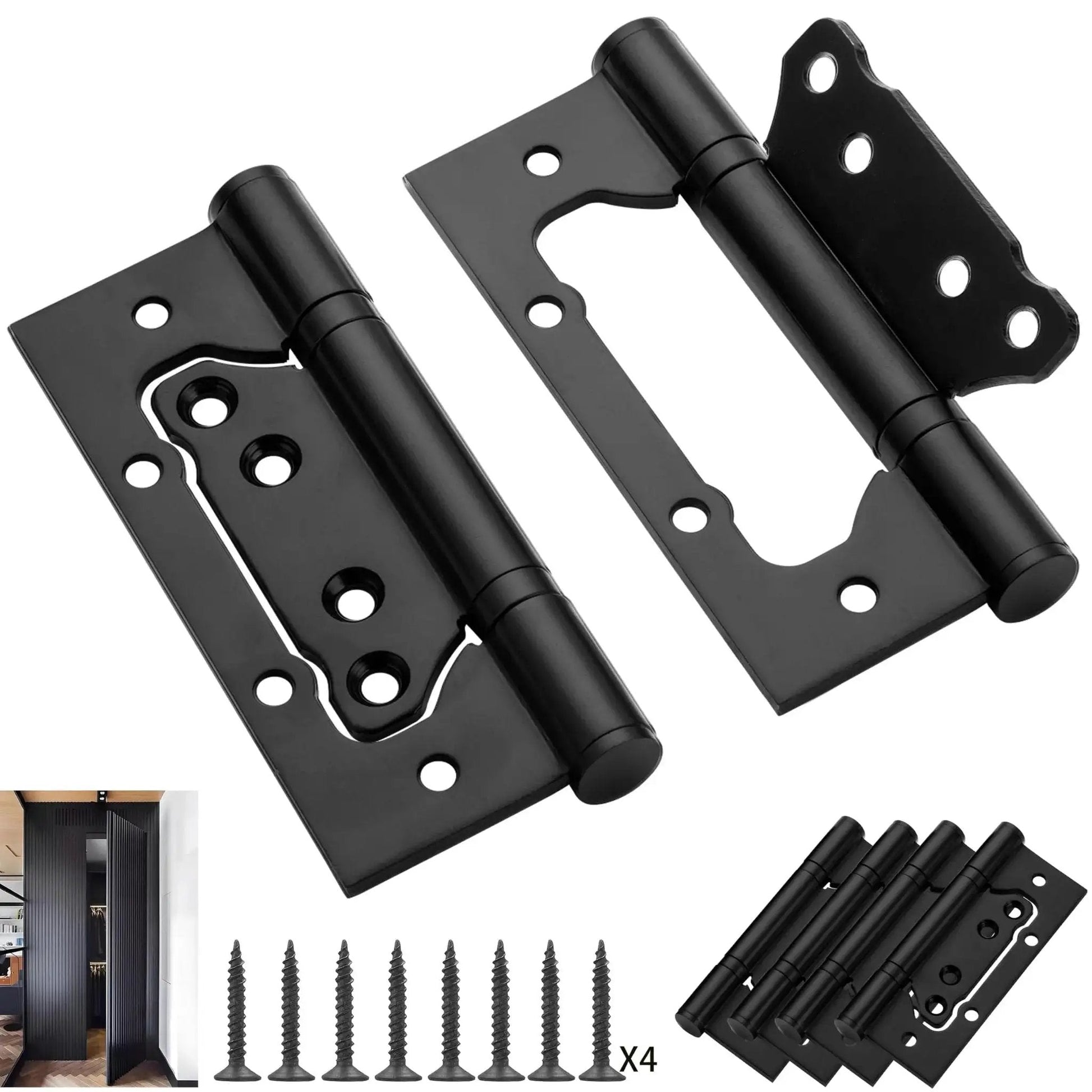 No Mortise 5 Inch Door Hinges Black 304 Stainless Steel With Bearings Heavy Duty 100 Kg Load Capacity 4 Pack For Interior Doors Easy Install No Cutting Grooves Improve Aesthetics And Smooth Operation, screws and installation view